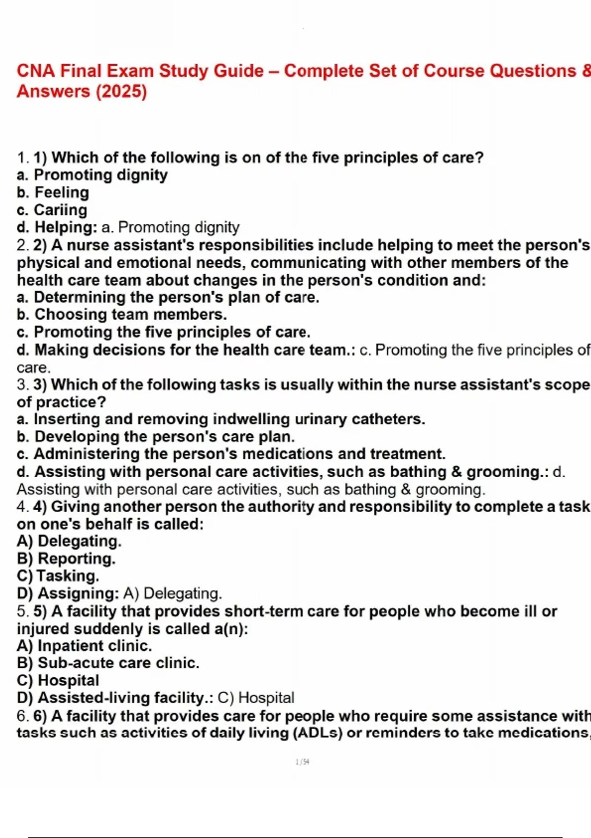 Cna Study Guide For Tn Notes.pdf CNA Final Exam Study Guide – Complete Set of Course Questions & Answers ...