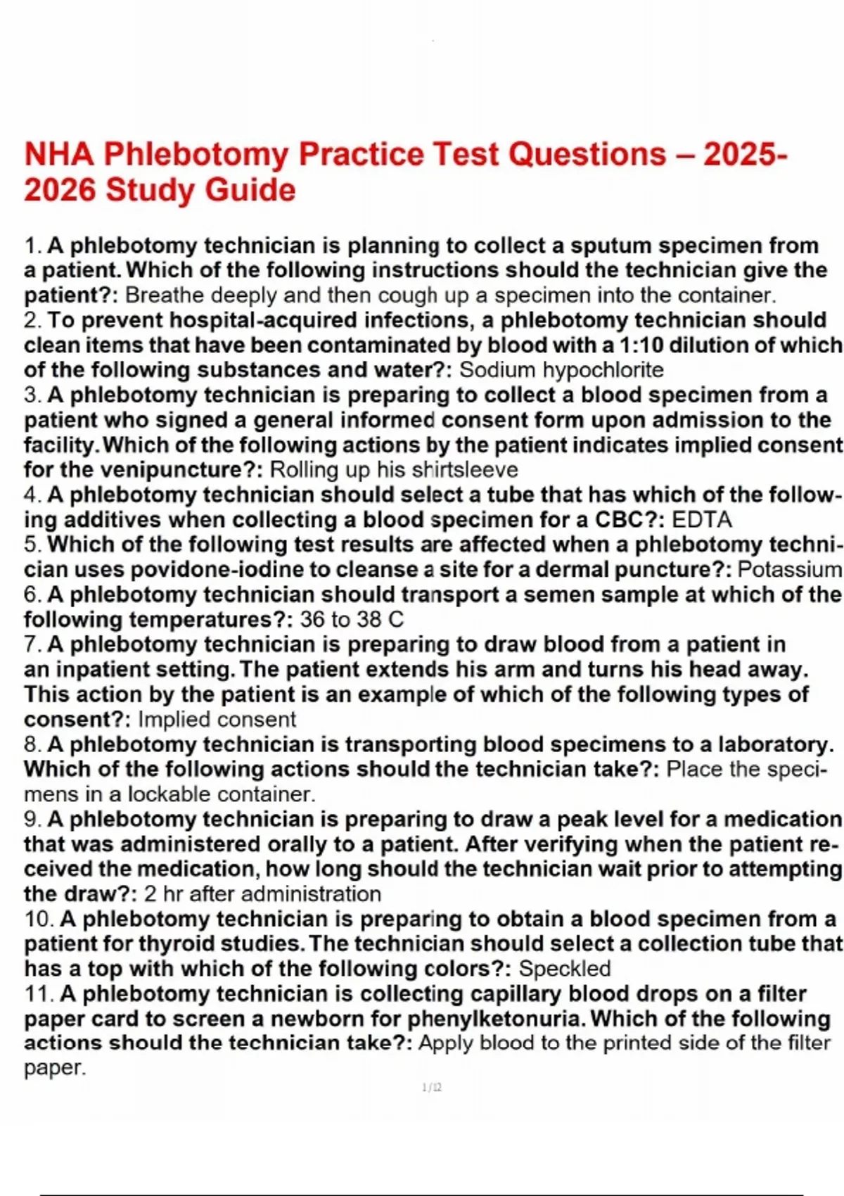 NHA Phlebotomy Practice Test Questions - Study Guide.pdf - Phlebotomy ...