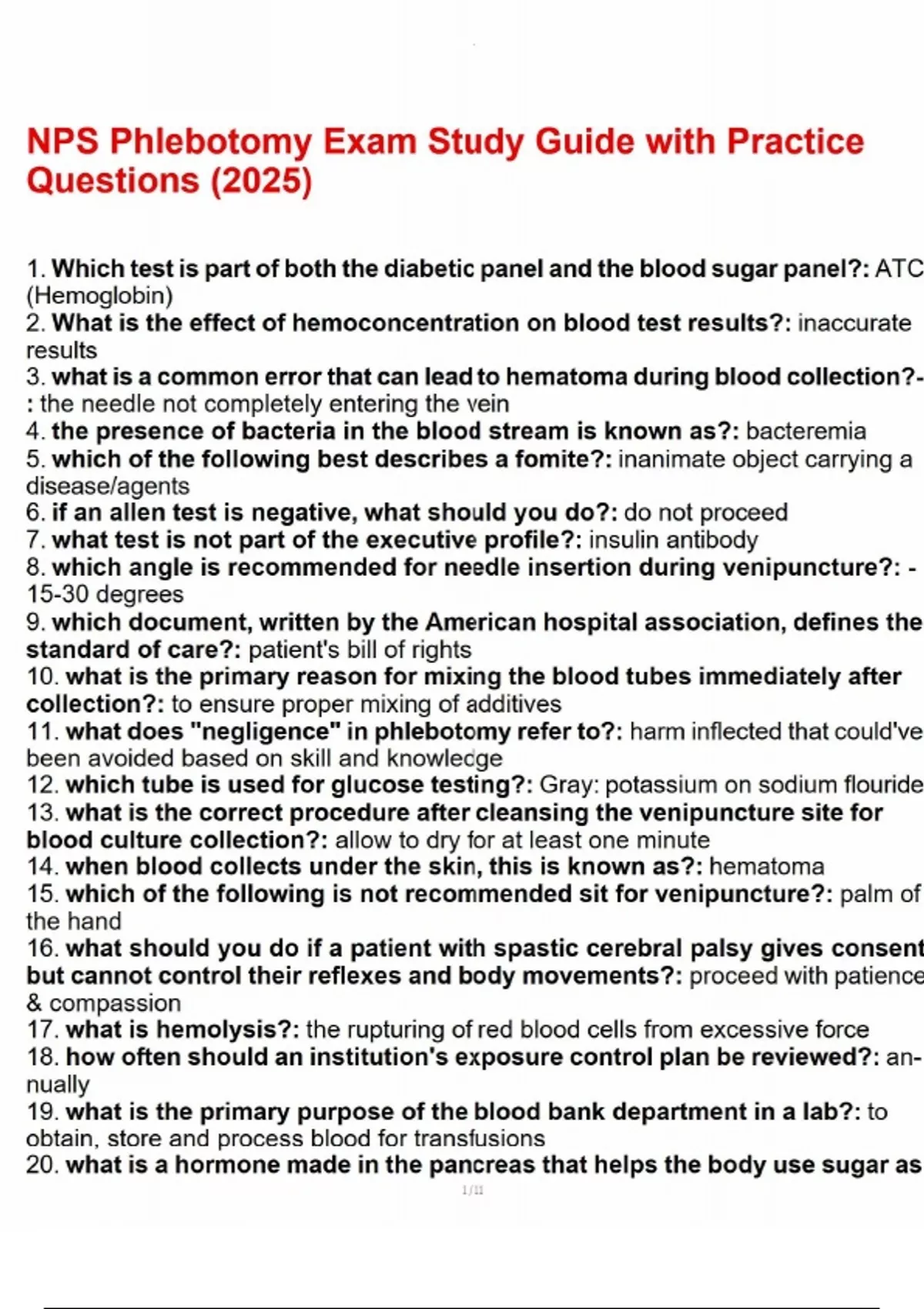 NPS Phlebotomy Exam Study Guide with Practice Questions (2025).pdf ...