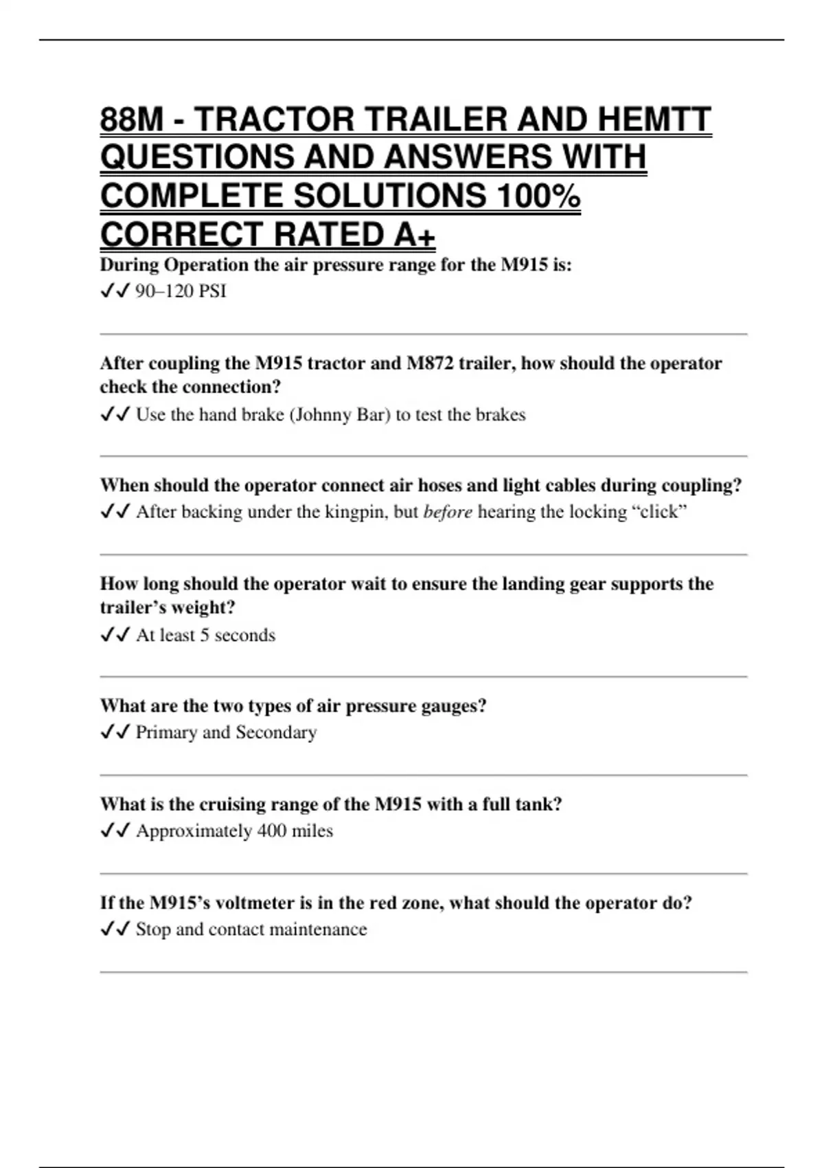 88M - TRACTOR TRAILER AND HEMTT QUESTIONS AND ANSWERS WITH COMPLETE ...