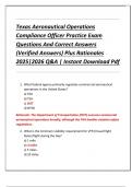 Texas Aeronautical Operations  Compliance Officer Practice Exam  Questions And Correct Answers  &lpar;Verified Answers&rpar; Plus Rationales  2025&vert;2026 Q&A &vert; Instant Download Pdf 
