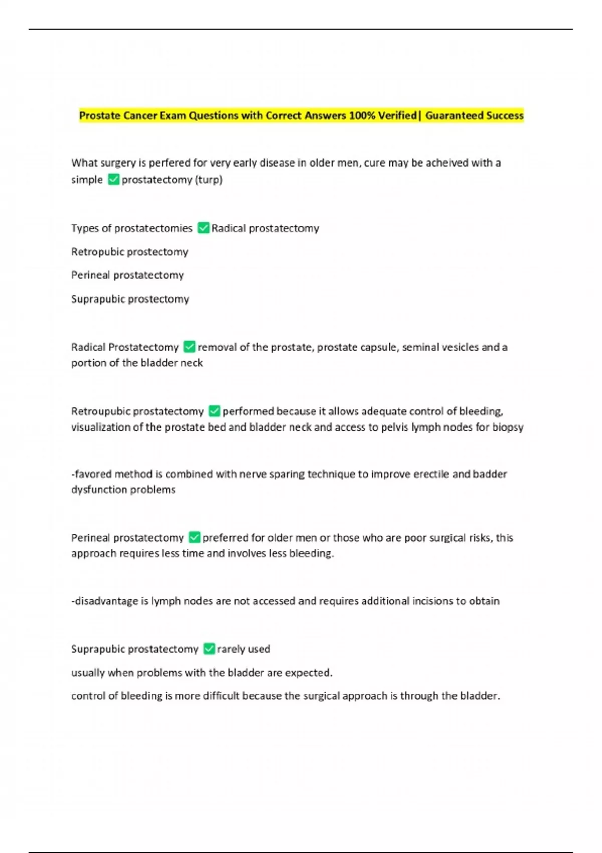 Prostate Questions Pdf Prostate Cancer Exam Questions with Correct Answers 100% Verified ...