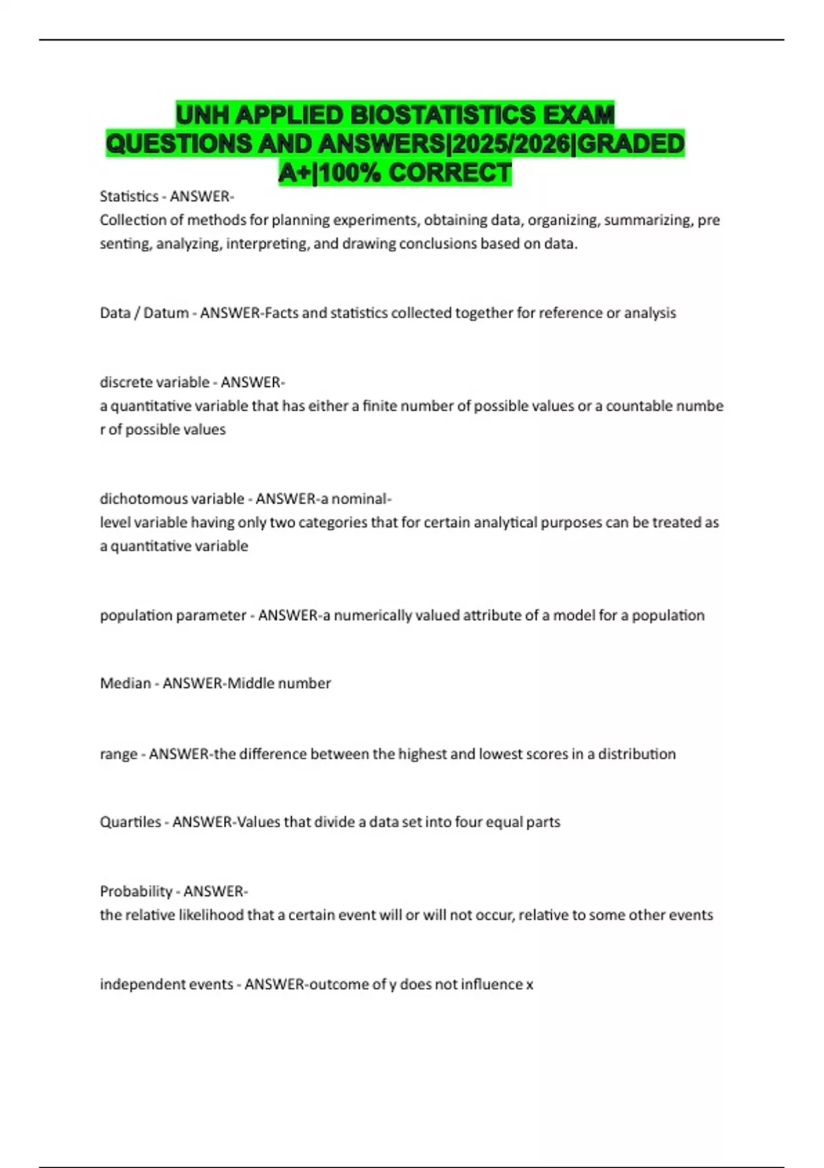 UNH APPLIED BIOSTATISTICS EXAM QUESTIONS AND ANSWERS|2025/2026|GRADED ...