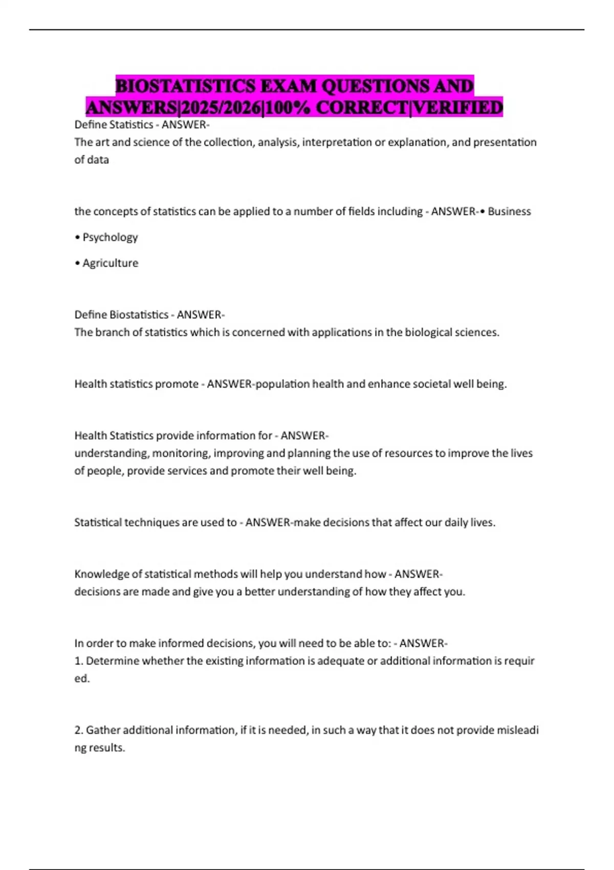 BIOSTATISTICS EXAM QUESTIONS AND ANSWERS|2025/2026|100% CORRECT ...