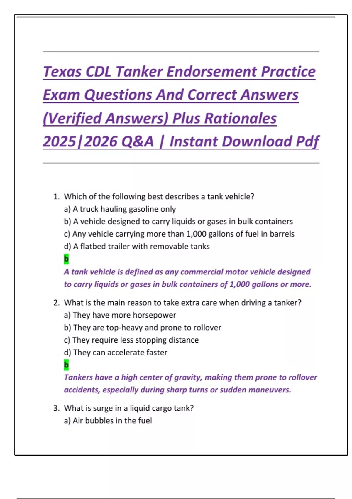 Texas CDL Tanker Endorsement Practice Exam Questions And Correct ...