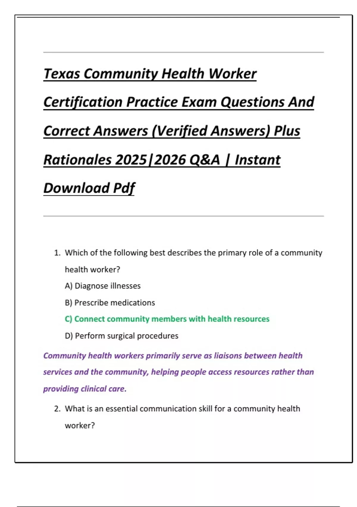 Texas Community Health Worker Certification Practice Exam Questions And ...