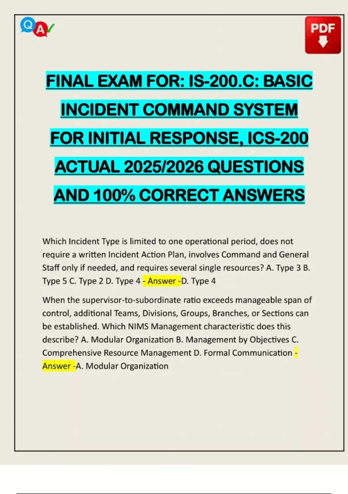 Initial System Final FINAL EXAM FOR: IS-200.C: BASIC INCIDENT COMMAND SYSTEM FOR INITIAL ...