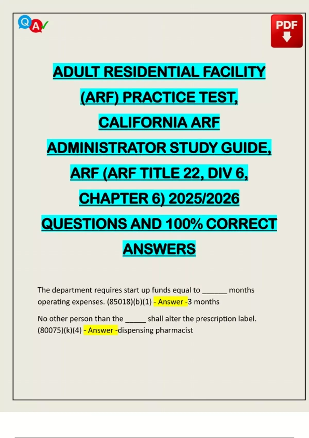 ADULT RESIDENTIAL FACILITY (ARF) PRACTICE TEST, CALIFORNIA ARF ...