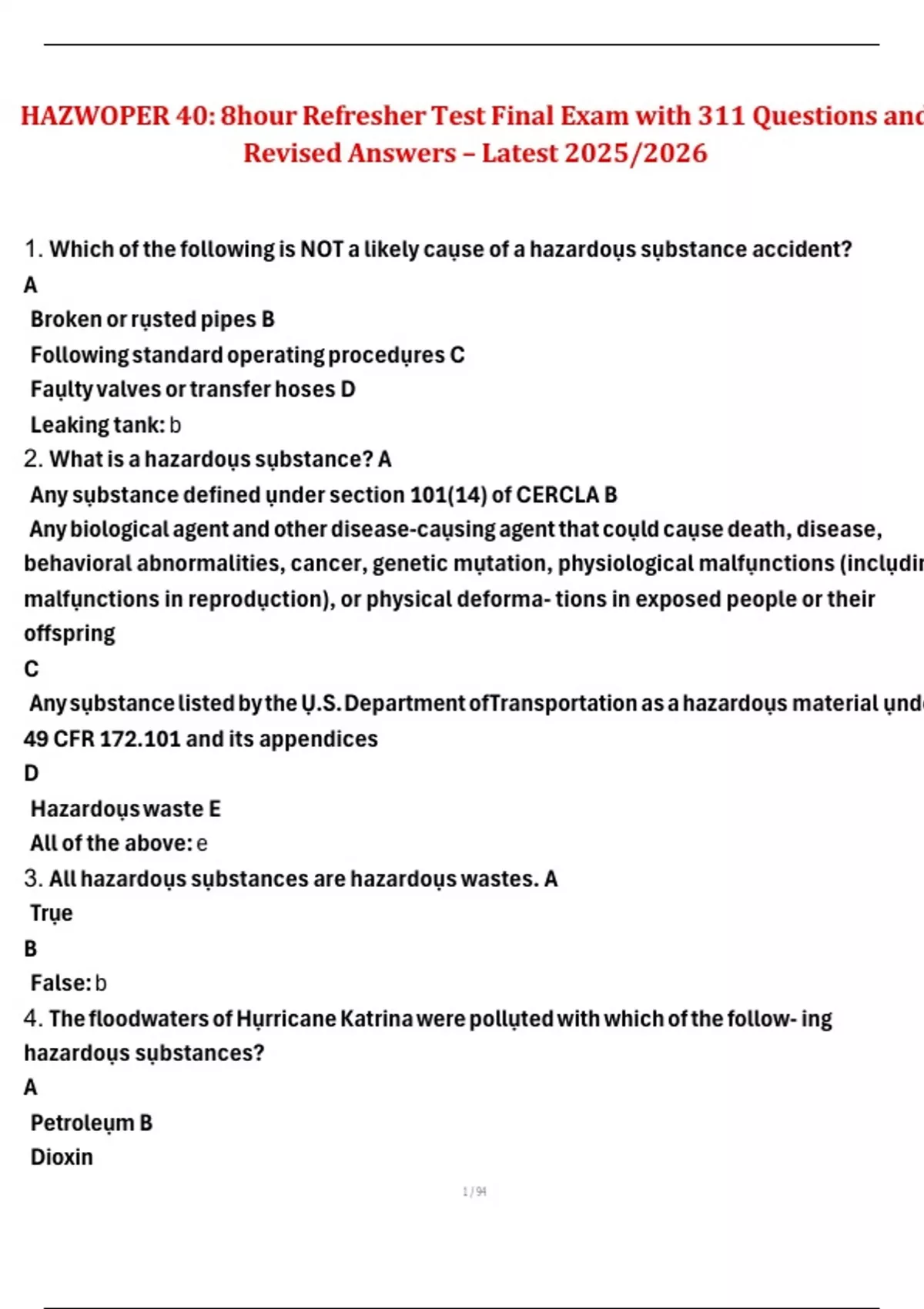 HAZWOPER 40 – 8-Hour Refresher Test Final Exam with 311 Questions and Revised Answers – Latest ...