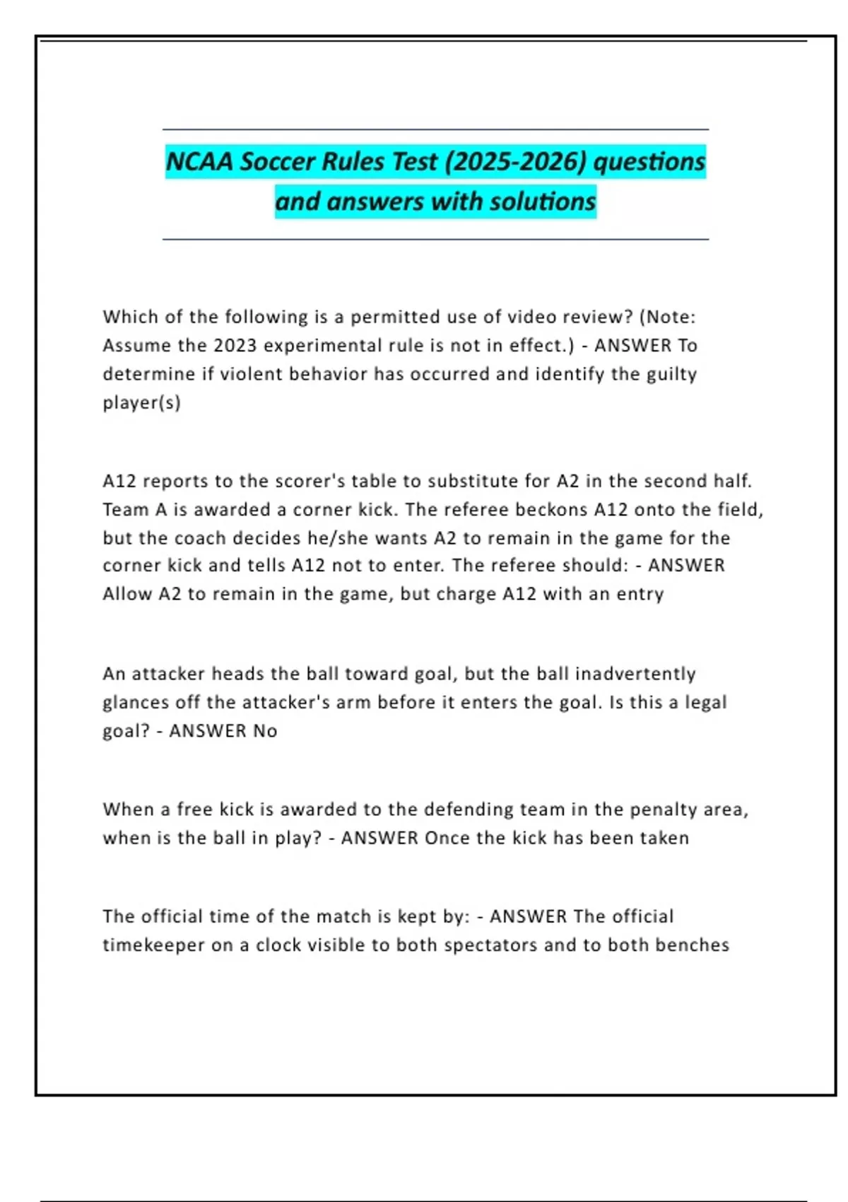 NCAA Soccer Rules Test () questions and answers with solutions - NCAA ...