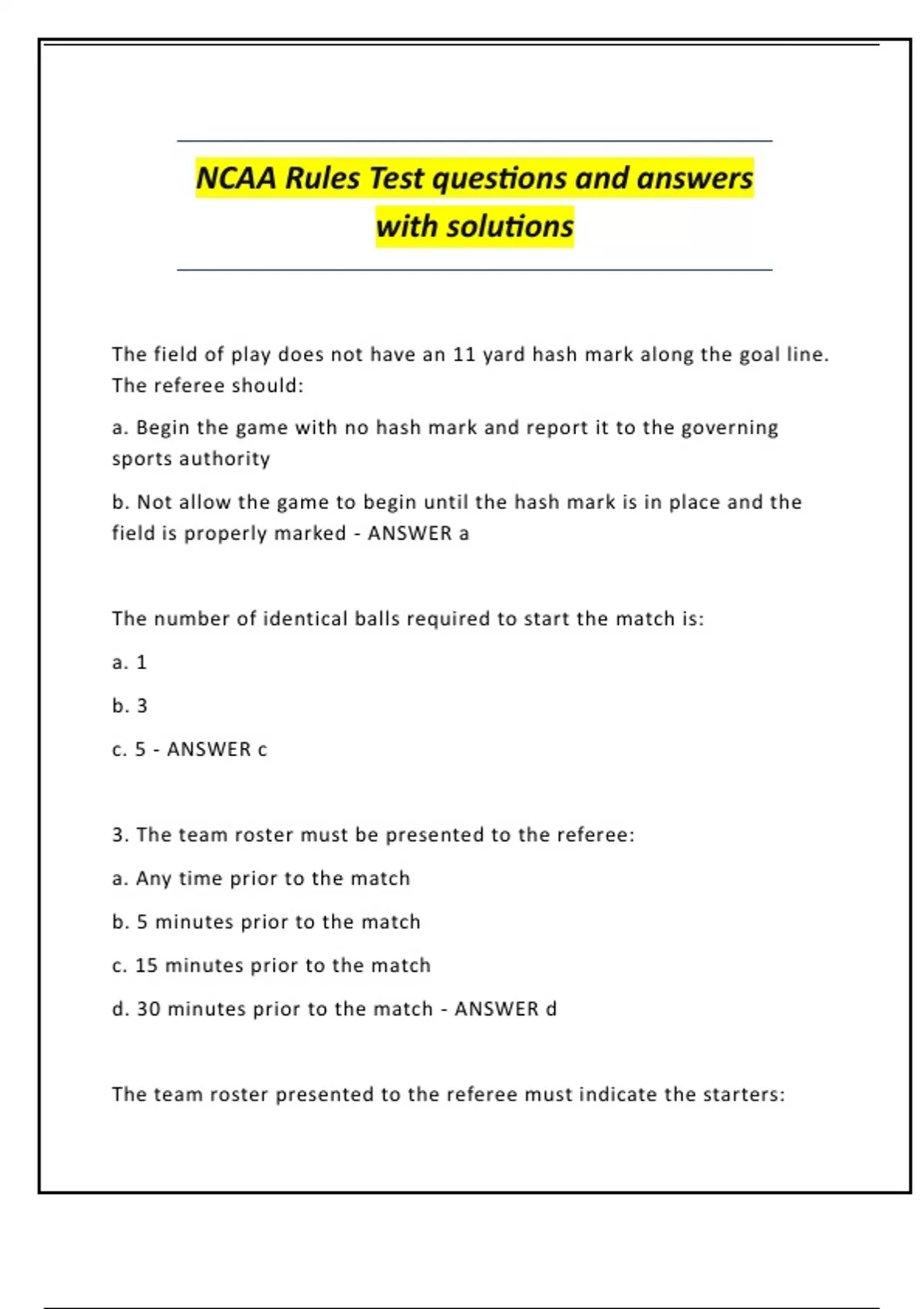 NCAA Rules Test questions and answers with solutions - NCAA - Stuvia US