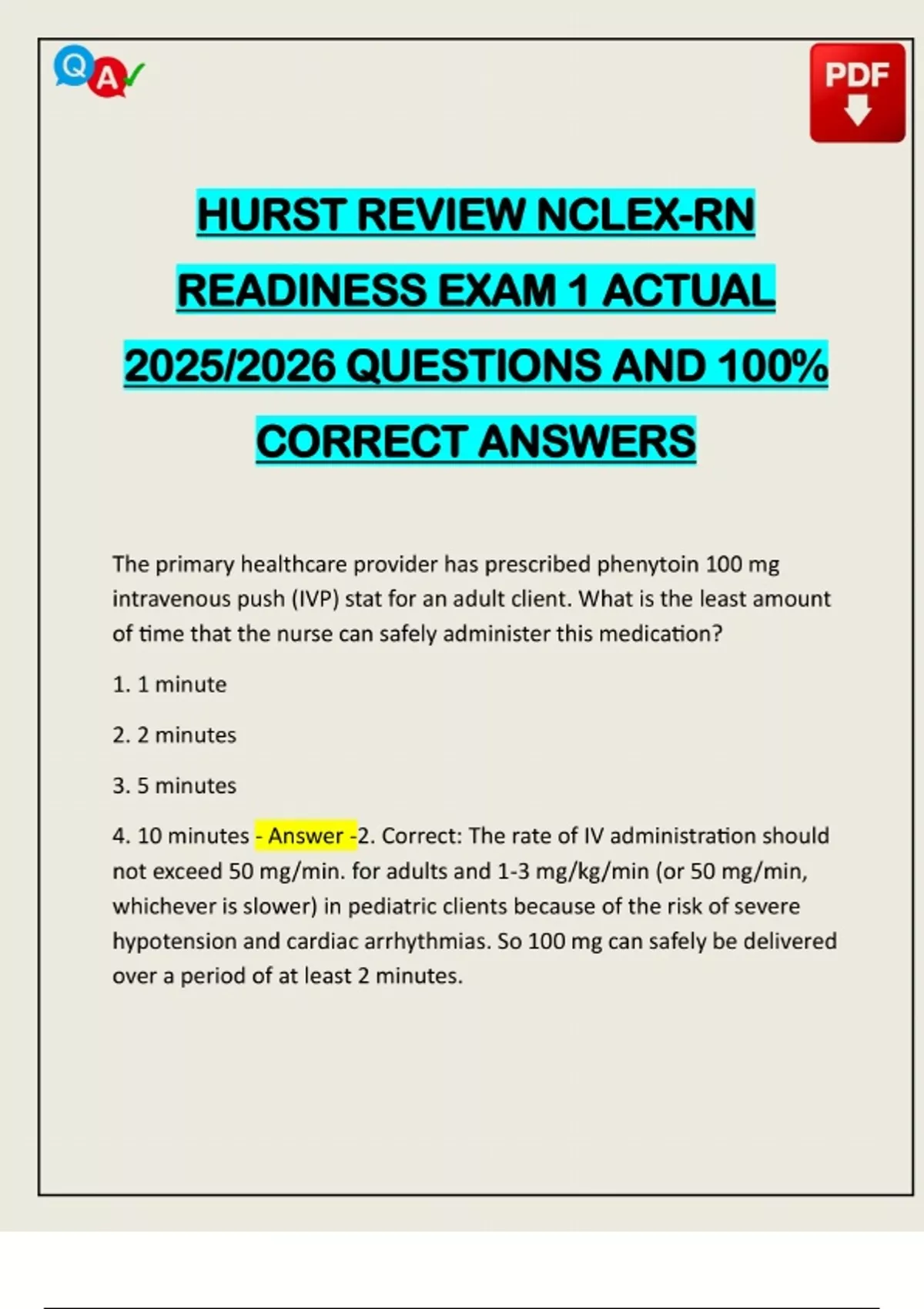 HURST REVIEW NCLEX-RN READINESS EXAM 1 ACTUAL 2025/2026 QUESTIONS AND ...