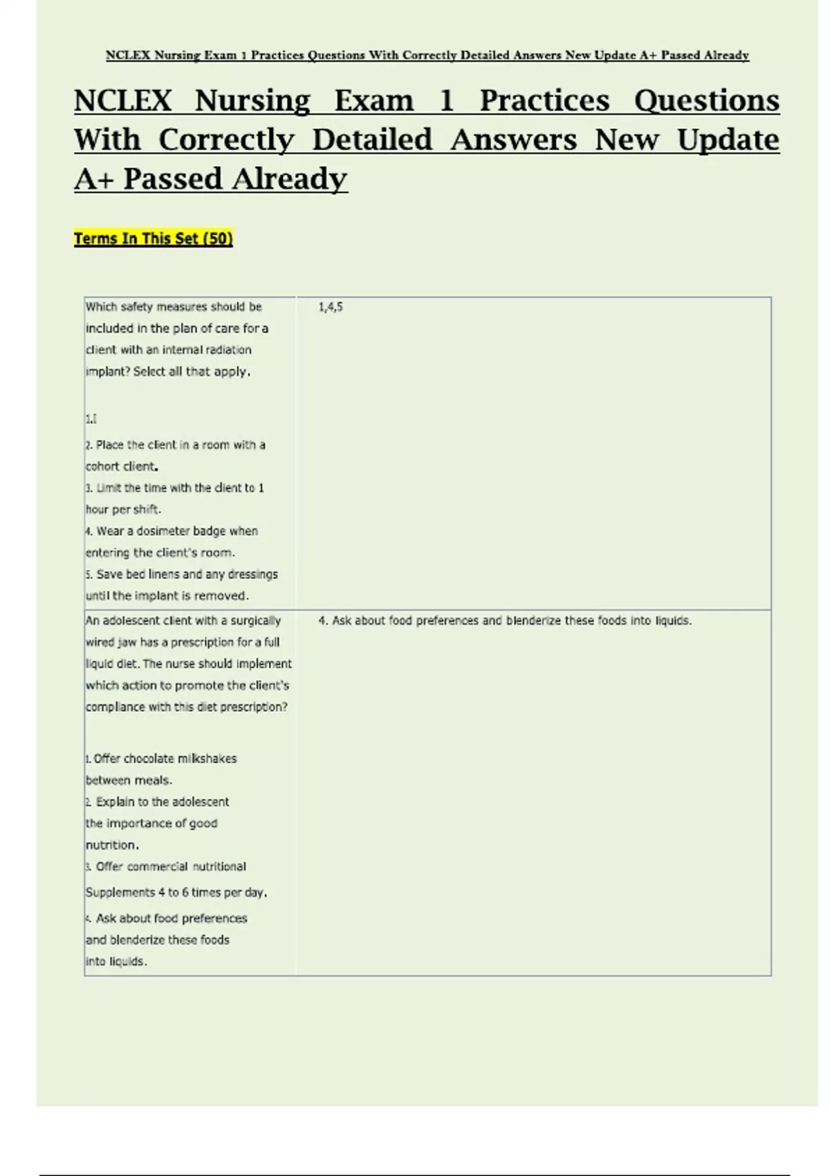 NCLEX Nursing Exam 1 Practice Questions with Correctly Detailed Answers ...