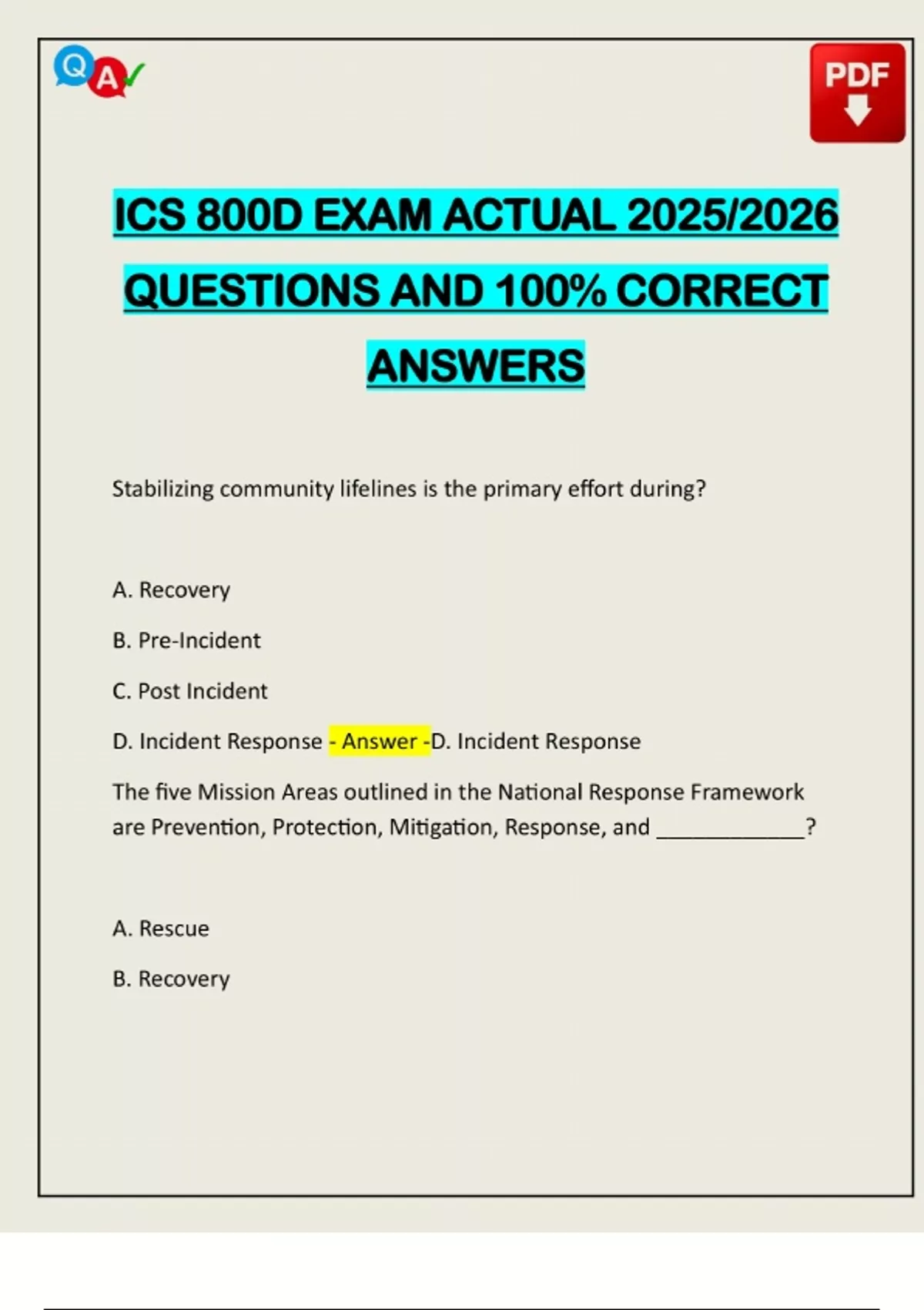 ICS 800D EXAM ACTUAL 2025/2026 QUESTIONS AND 100% CORRECT ANSWERS - ICS ...