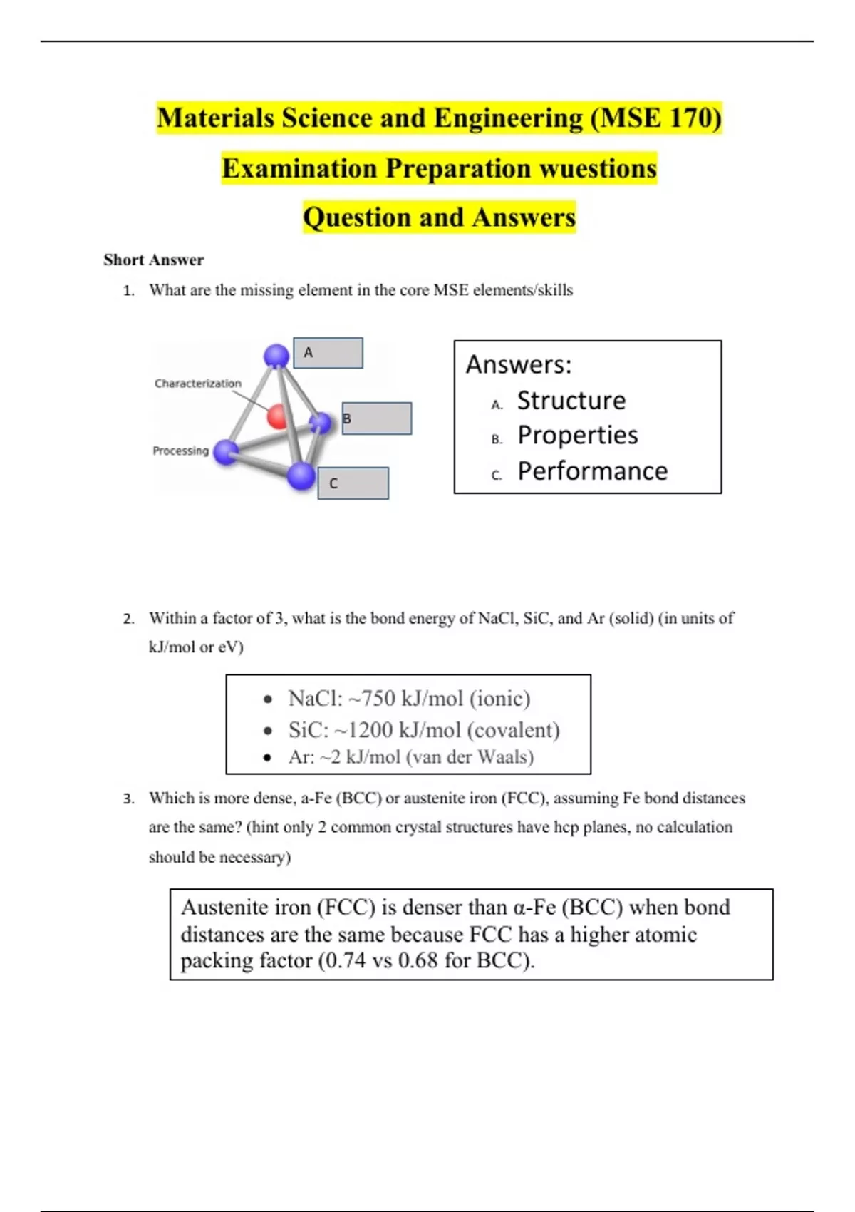 Materials Science and Engineering Questions and answers Guide ...