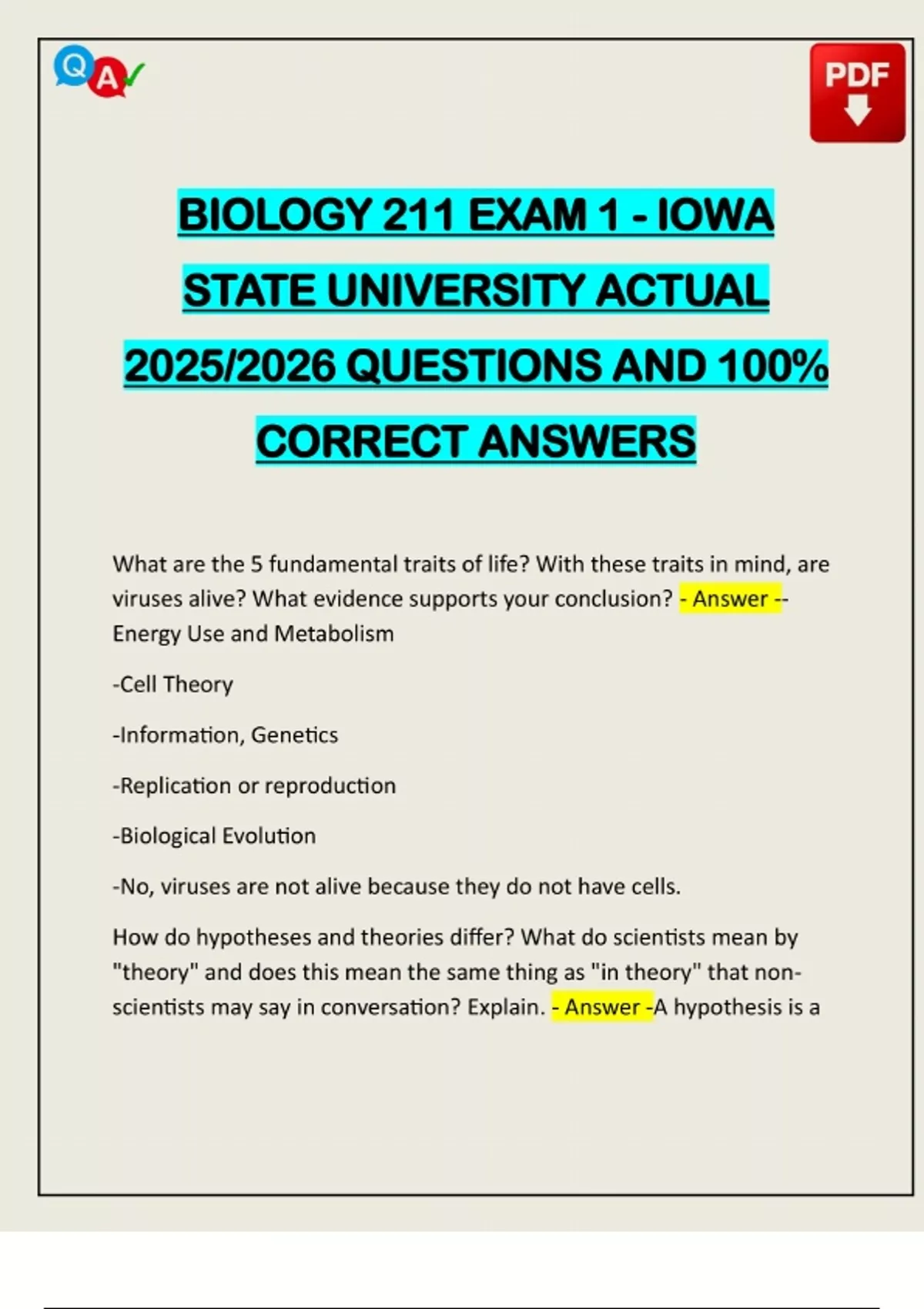 BIOLOGY 211 EXAM 1 - IOWA STATE UNIVERSITY ACTUAL 2025/2026 QUESTIONS ...