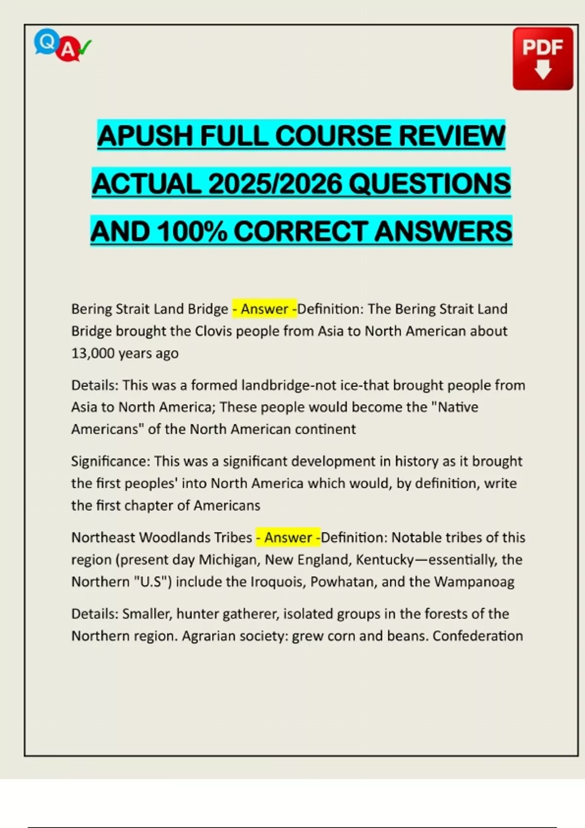APUSH FULL COURSE REVIEW ACTUAL 2025/2026 QUESTIONS AND 100% CORRECT ...