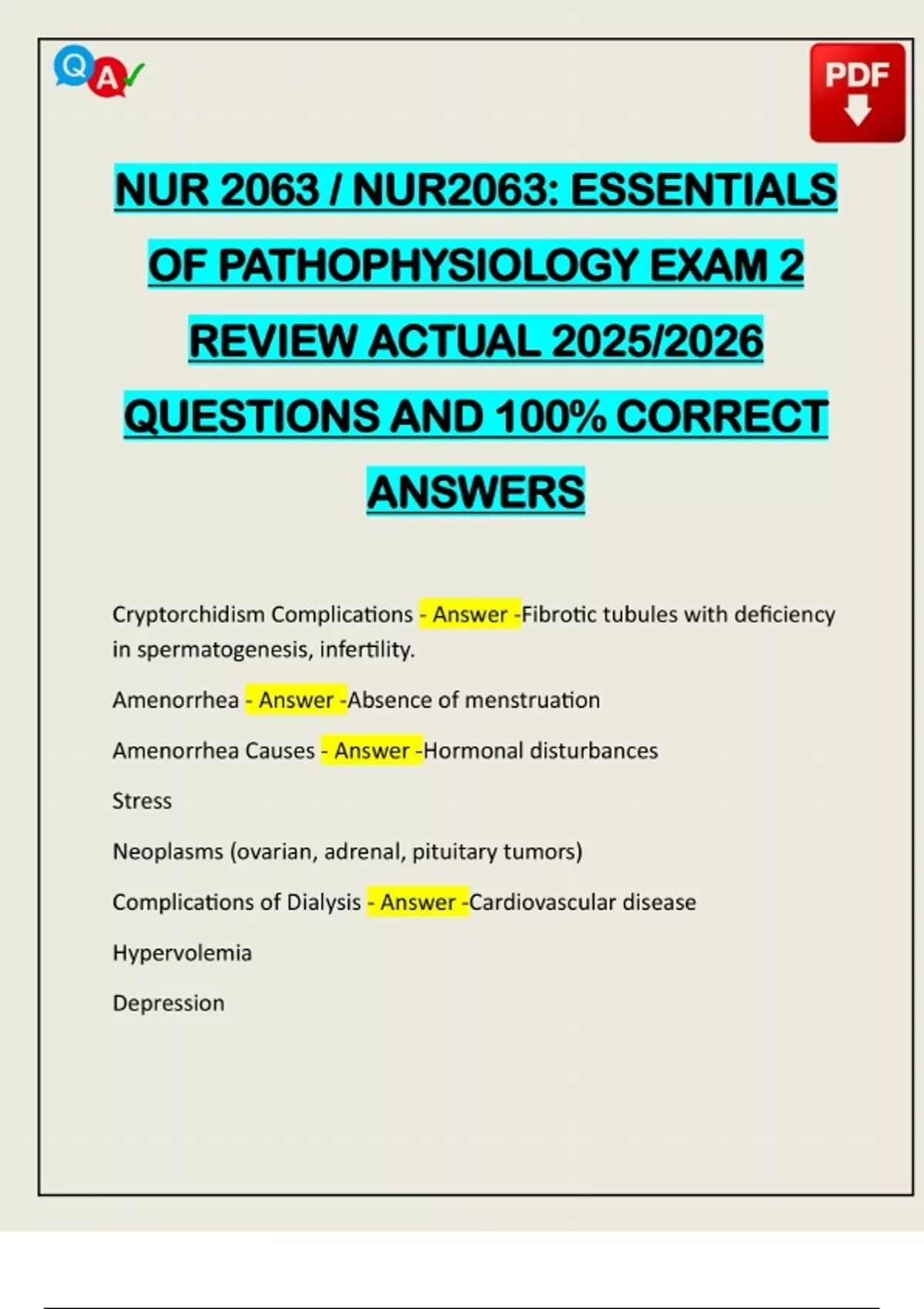 NUR 2063 / NUR2063: ESSENTIALS OF PATHOPHYSIOLOGY EXAM 2 REVIEW ACTUAL ...