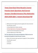Texas Used Auto Parts Recycler License  Practice Exam Questions And Correct  Answers &lpar;Verified Answers&rpar; Plus Rationales  2025&vert;2026 Q&A &vert; Instant Download Pdf
