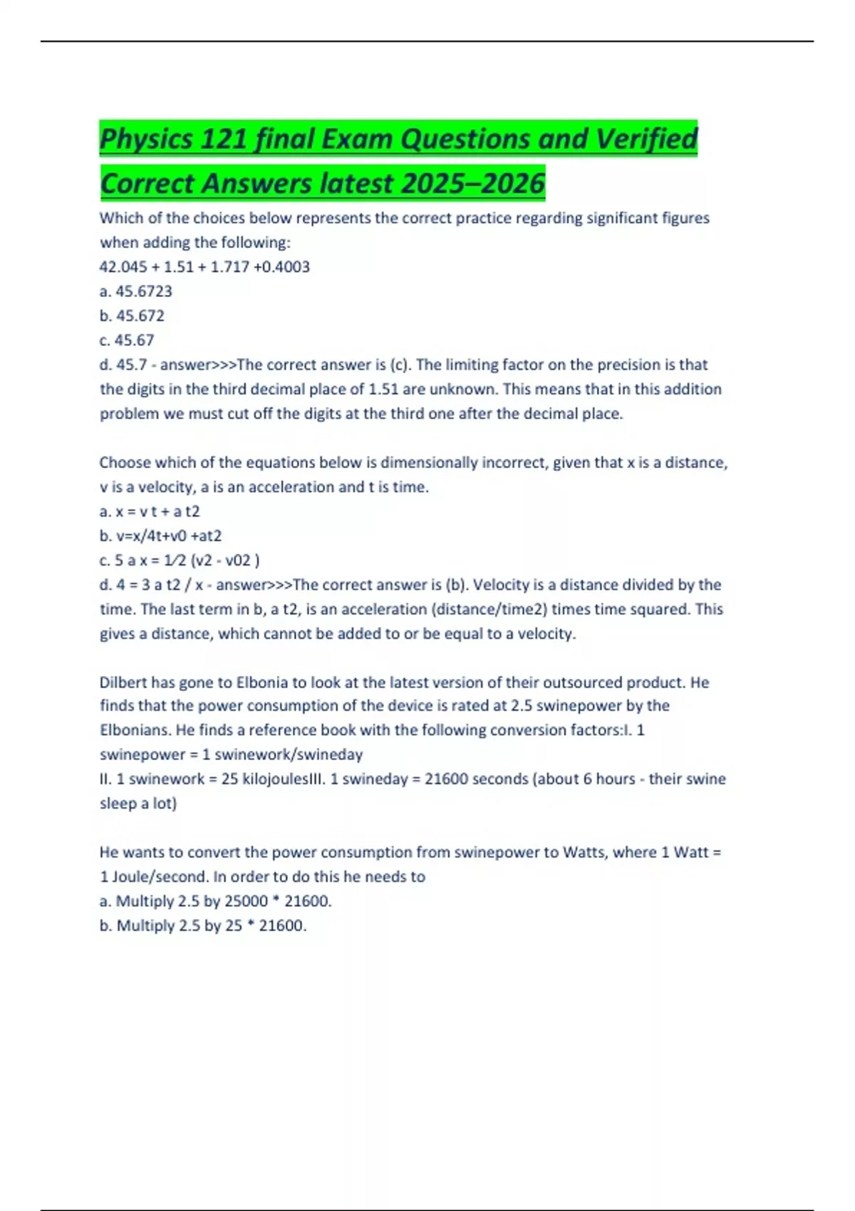 Physics 121 final Exam Questions and Verified Correct Answers latest ...