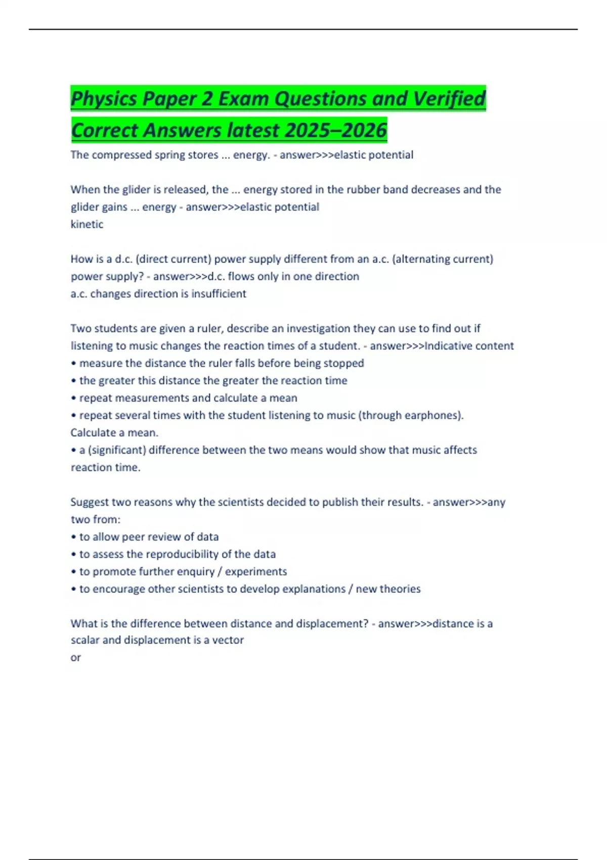 Physics Paper 2 Exam Questions and Verified Correct Answers latest 2025 ...