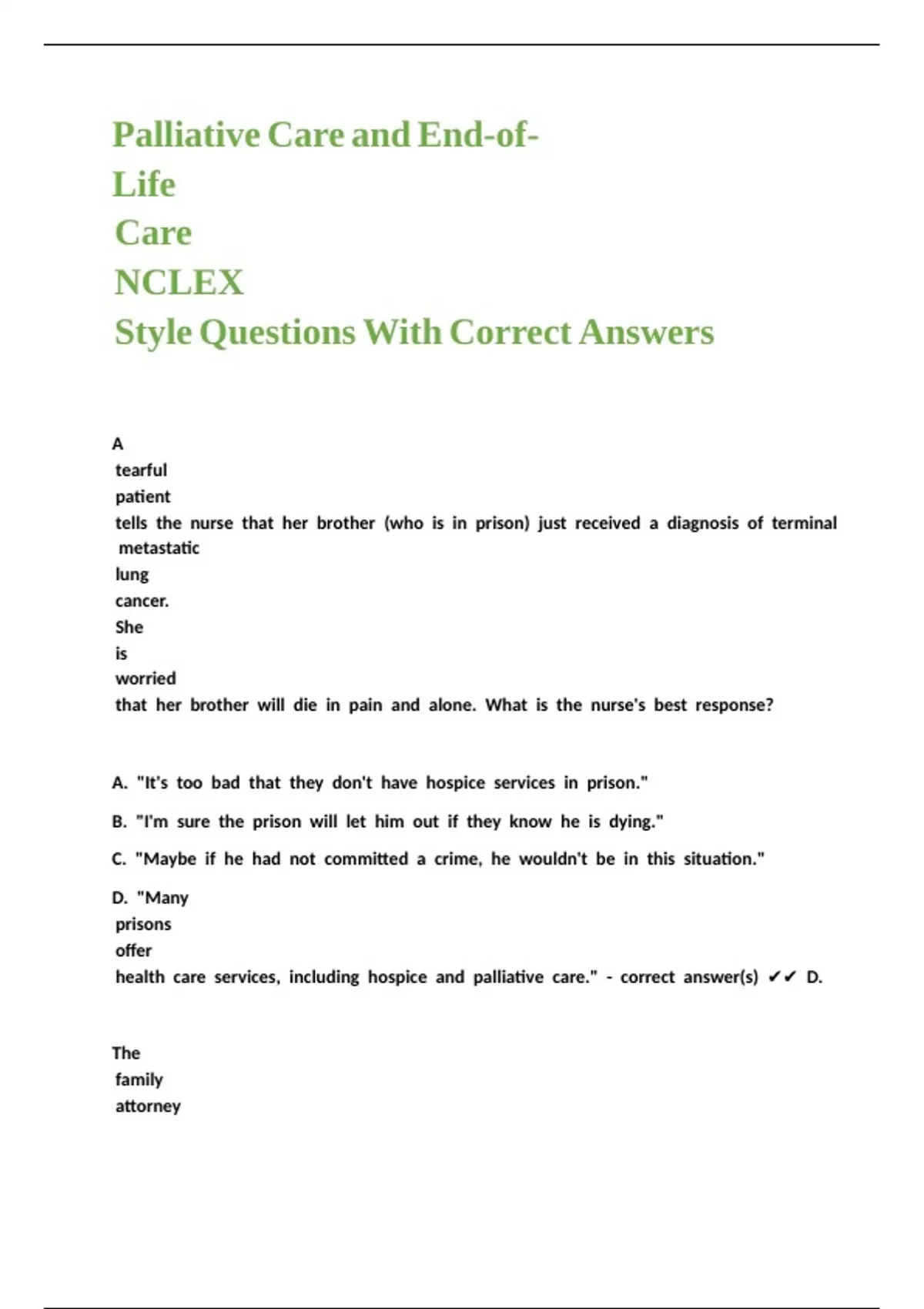 Palliative Care and End-of-Life Care NCLEX Style Questions With Correct ...