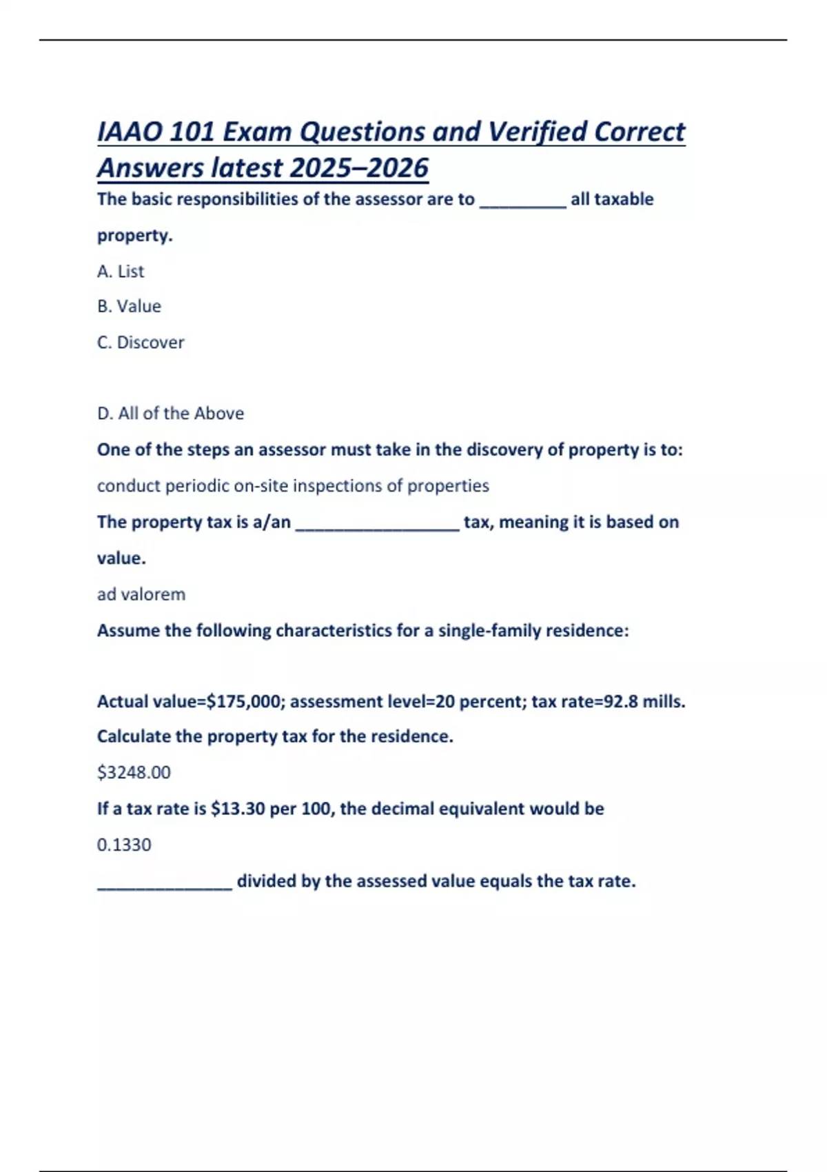 IAAO 101 Exam Questions and Verified Correct Answers latest 2025–2026 ...