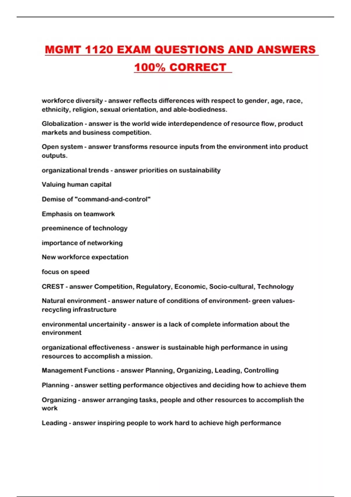 MGMT 1120 EXAM QUESTIONS AND ANSWERS 100% CORRECT - MGMT 1120 - Stuvia US