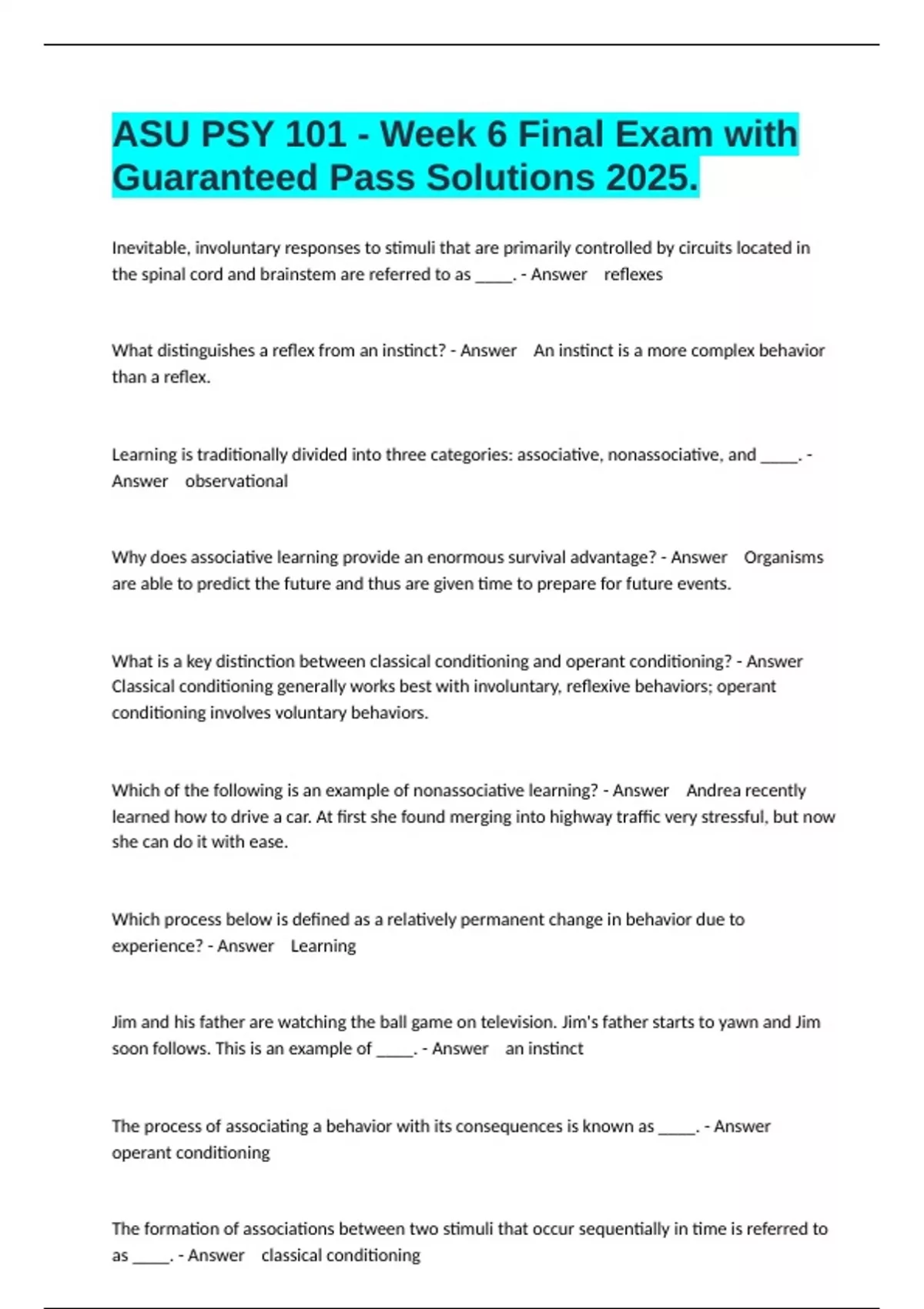 Psychology 101 Exam ( Questions And Answers) Package Deal Bundle ...