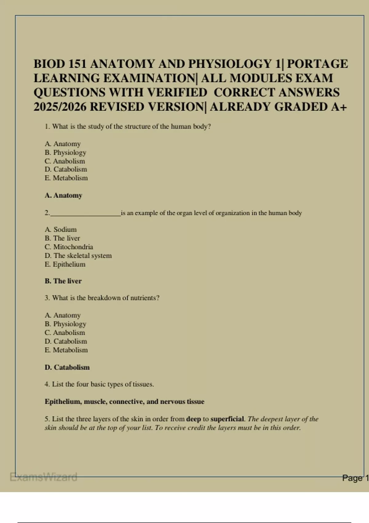 BIOD 151 ANATOMY AND PHYSIOLOGY 1| PORTAGE LEARNING EXAMINATION| ALL ...