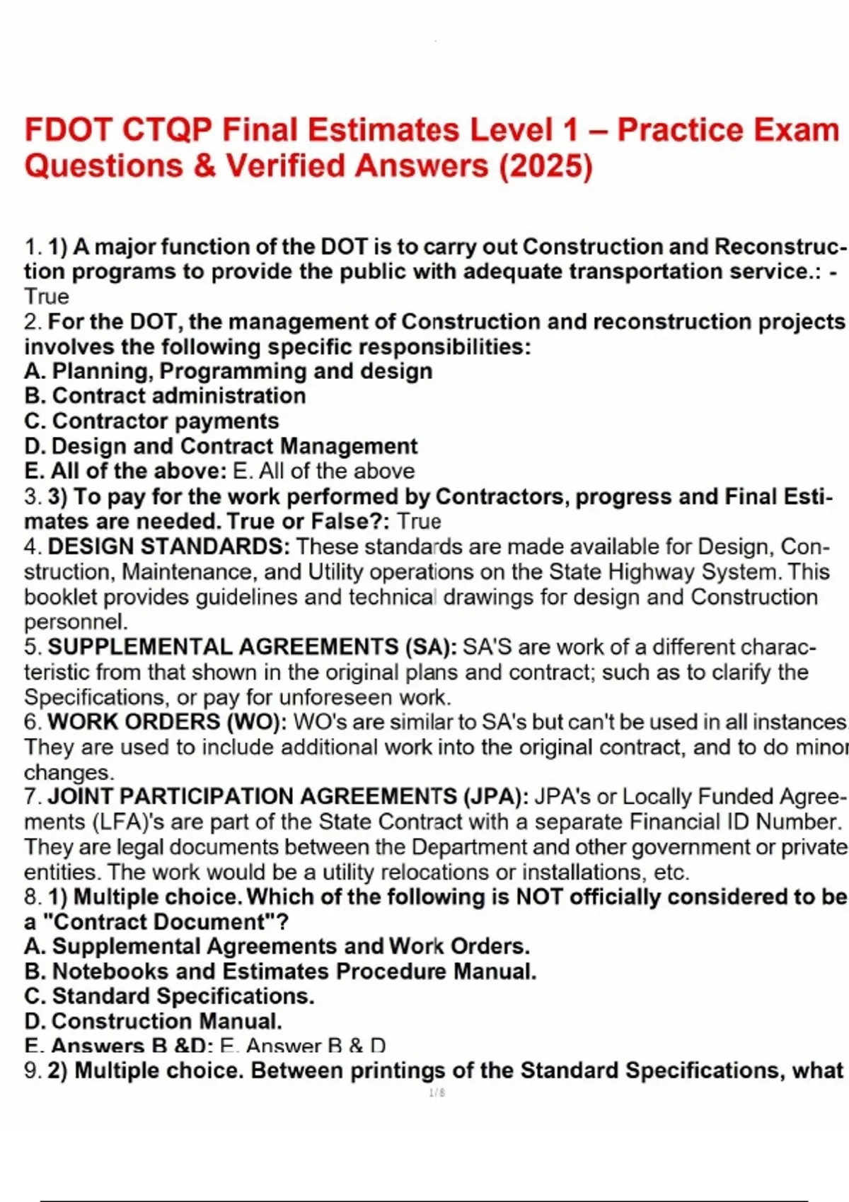Fdot Construction Math Answer Key FDOT CTQP Final Estimates Level 1 – Practice Exam Questions & Verified ...
