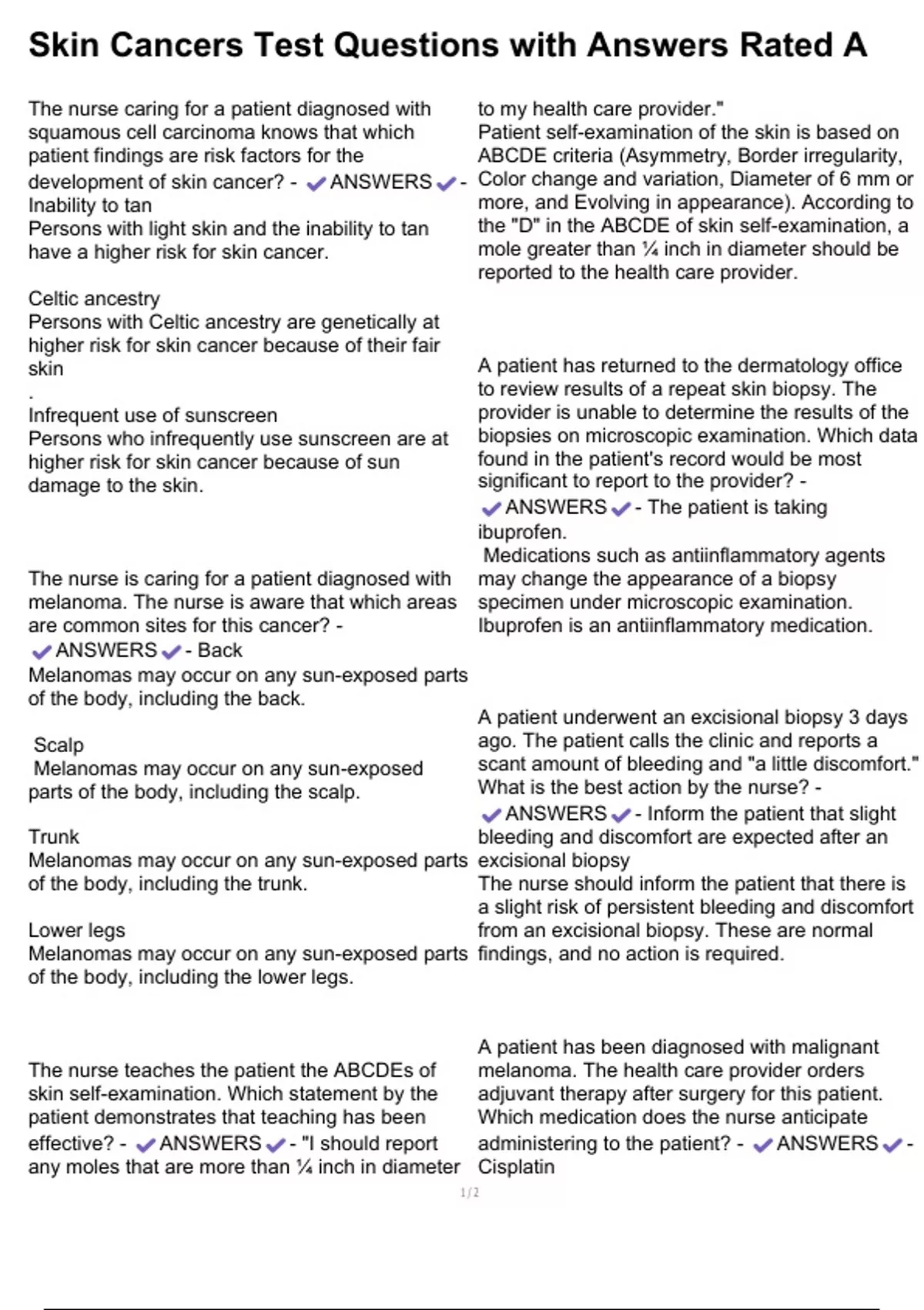 Skin Cancers Test Questions with Answers Rated A - Skin Cancers - Stuvia US
