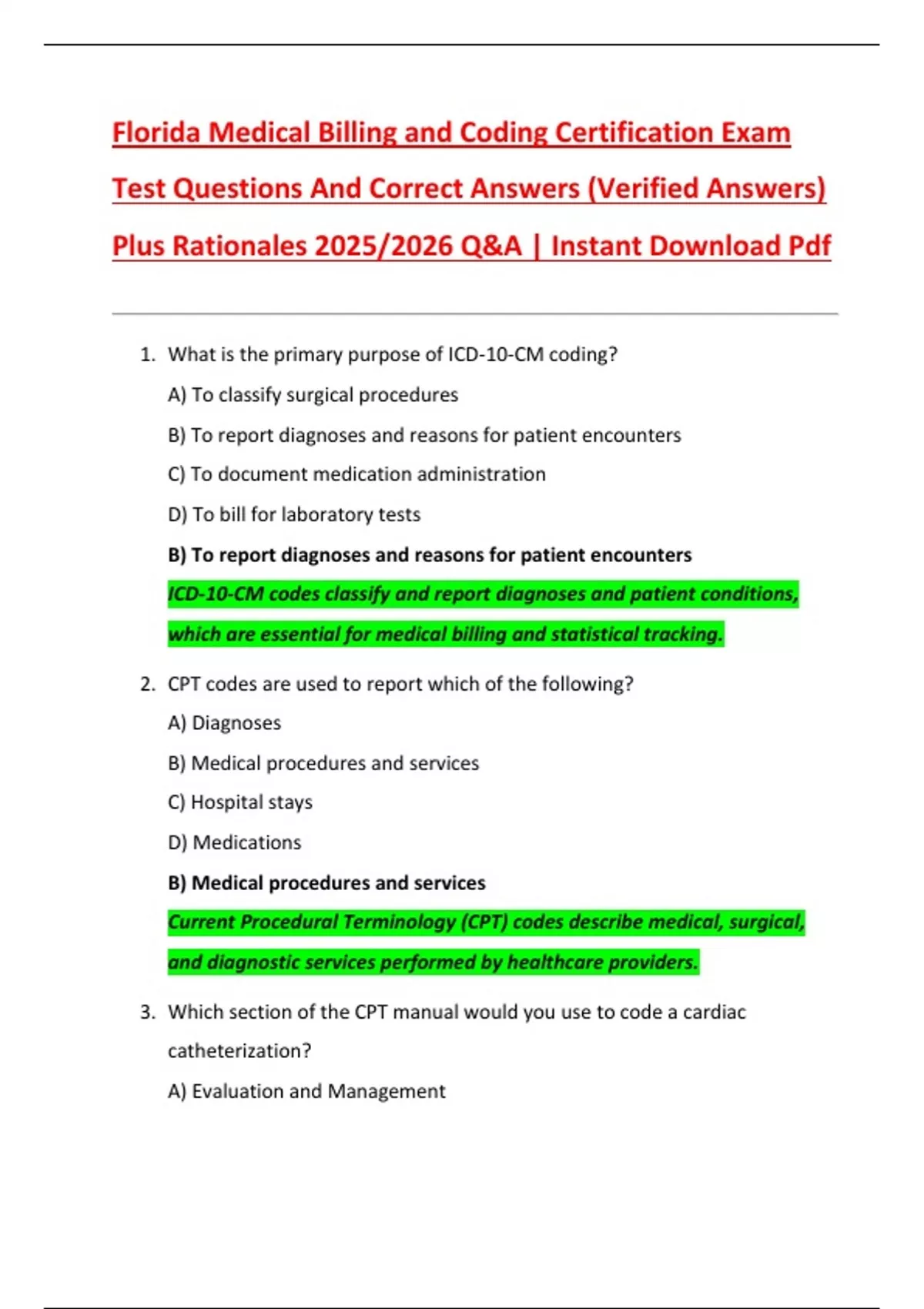 Florida Medical Billing and Coding Certification Exam Test Questions And Correct Answers ...