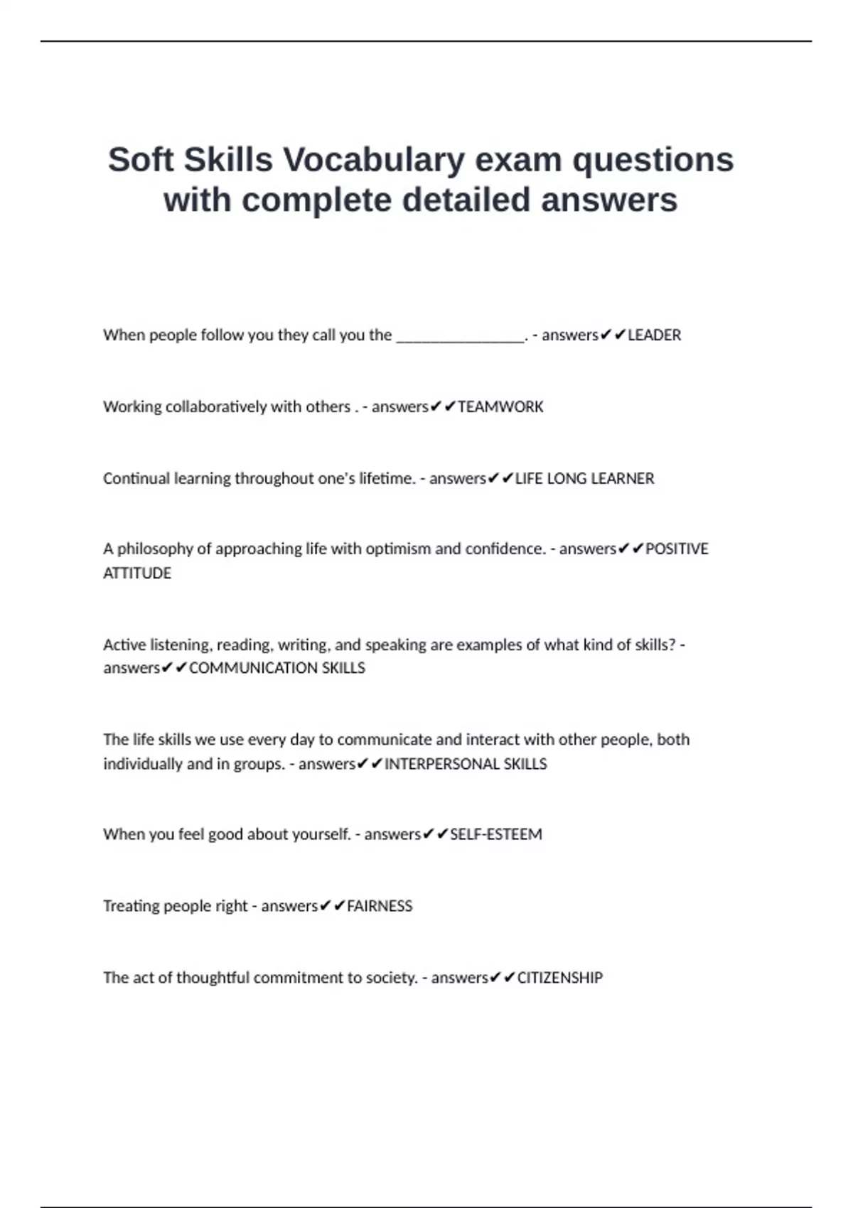 Soft Skills Vocabulary exam questions with complete detailed answers - Ib soft skills - Stuvia US