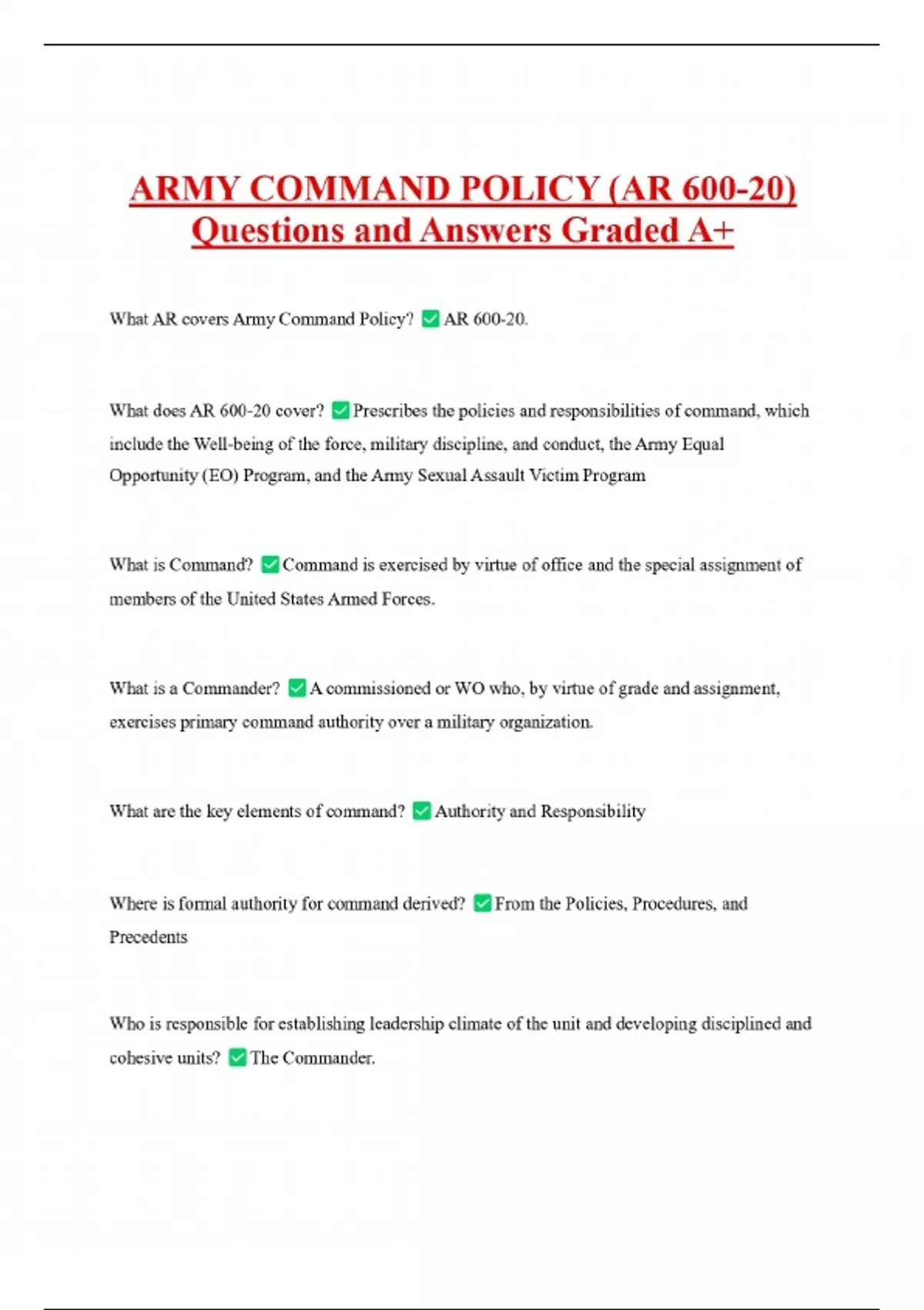 ARMY COMMAND POLICY (AR 600-20) Questions and Answers Graded A+ - Army ...