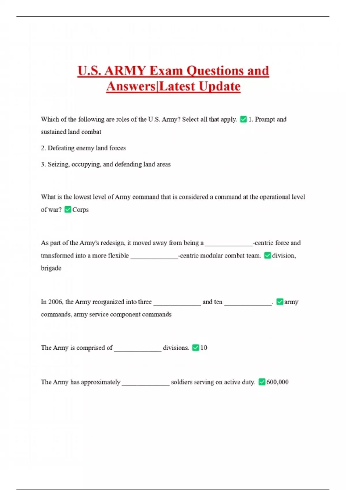 U.S. ARMY Exam Questions and Answers|Latest Update - Army Board ...
