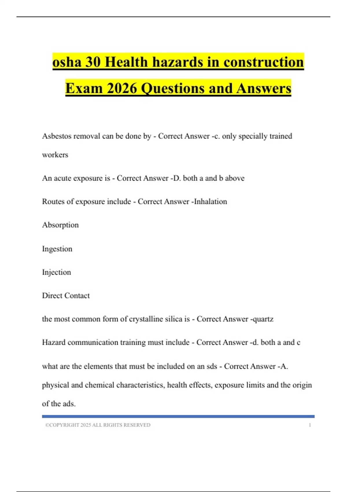 osha 30 Health hazards in construction Exam 2026 Questions and Answers ...
