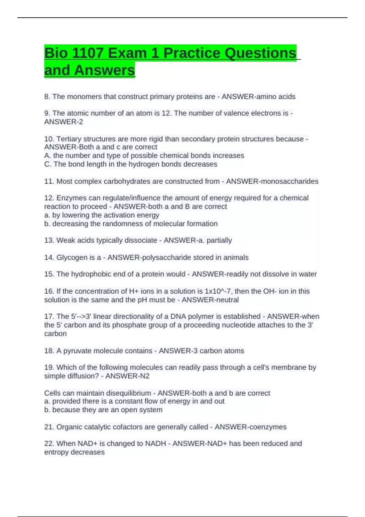 Bio 1107 Exam 1 Practice Questions and Answers - BIOLOGY 1107 - Stuvia US
