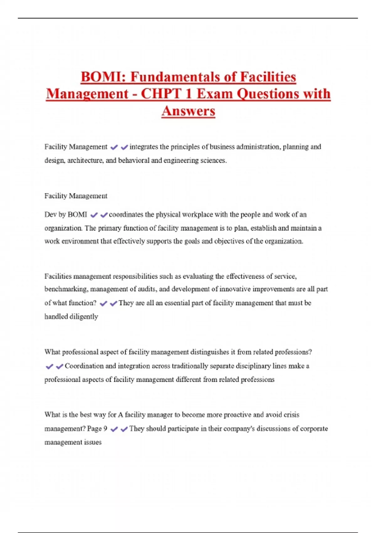 BOMI: Fundamentals of Facilities Management - CHPT 1 Exam Questions with Answers - BOMI ...