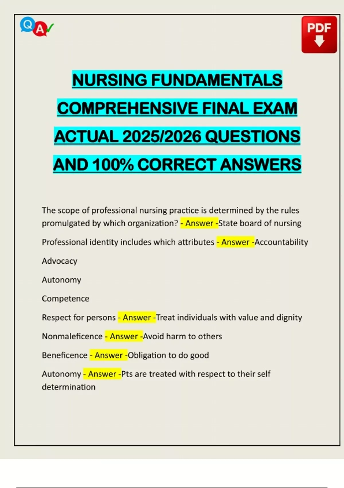 NURSING FUNDAMENTALS COMPREHENSIVE FINAL EXAM ACTUAL 2025/2026 ...