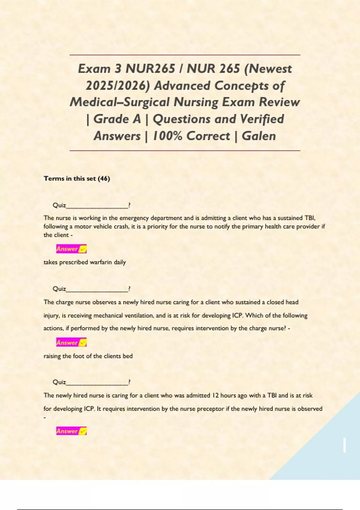 Exam 3 NUR265 / NUR 265 (Newest 2025/2026) Advanced Concepts of Medical ...