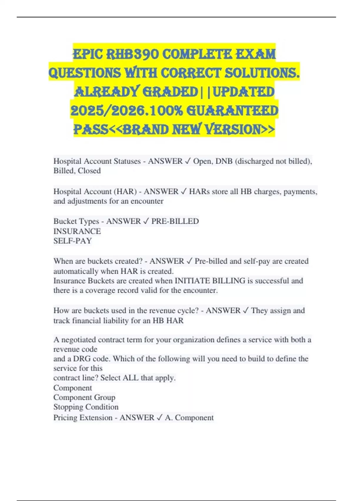 EPIC RHB390 COMPLETE EXAM QUESTIONS WITH CORRECT SOLUTIONS. ALREADY ...