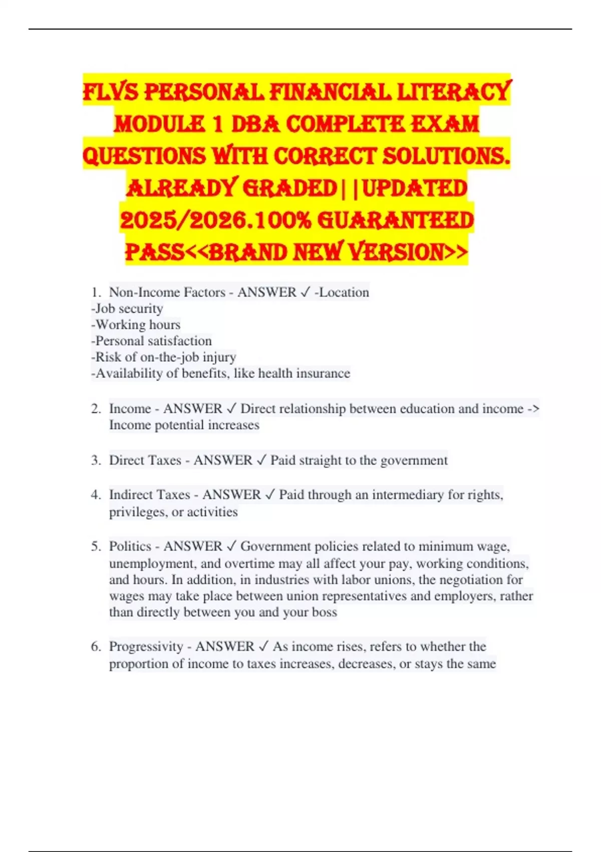 FLVS Personal Financial Literacy Module 1 DBA COMPLETE EXAM QUESTIONS ...