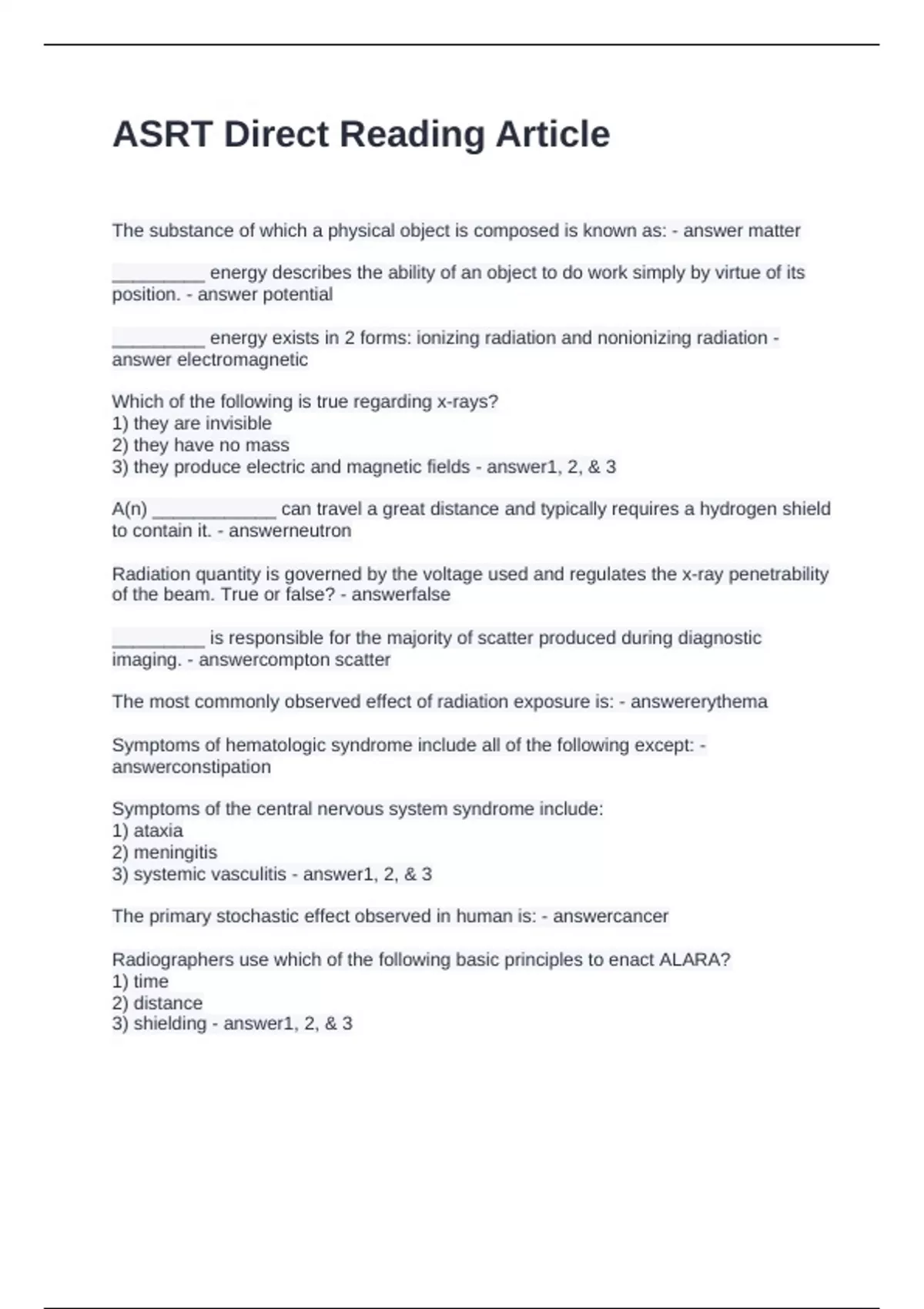 Reference Asrt ASRT Direct Reading Article Questions with Accurate Answers - ASRT ...