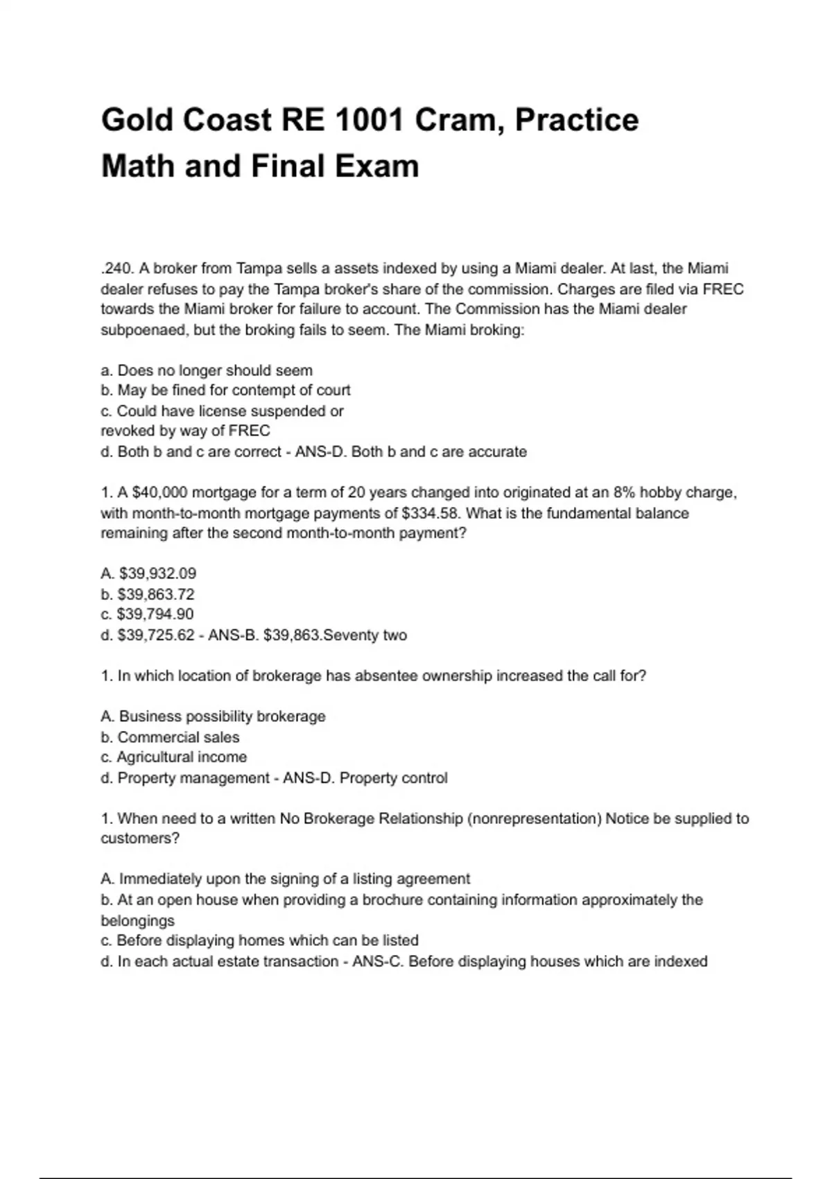 Gold Coast RE 1001 Cram, Practice Math and Final Exam LPC NEWEST 2025/ ...