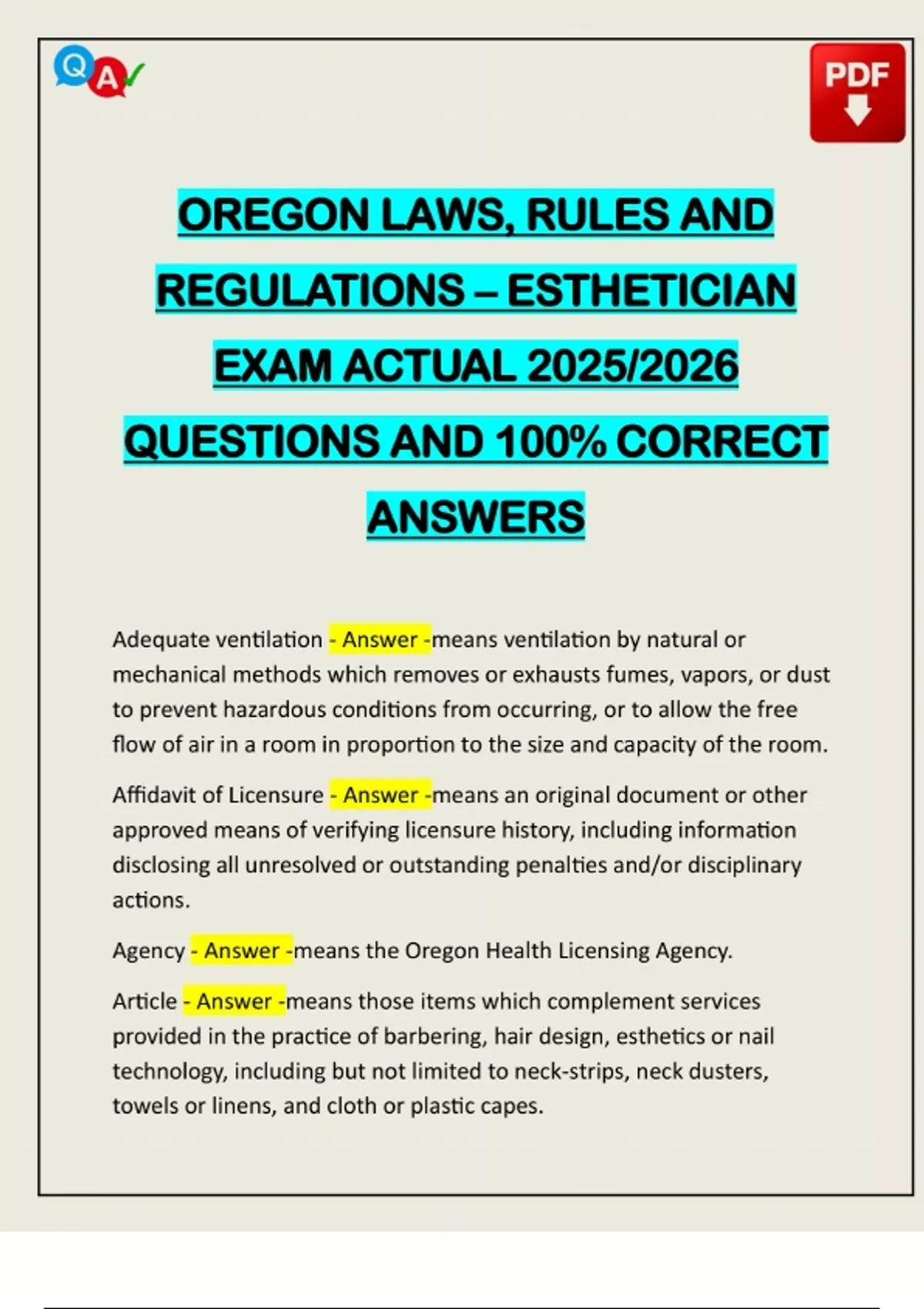 OREGON LAWS, RULES AND REGULATIONS – ESTHETICIAN EXAM ACTUAL 2025/2026 ...