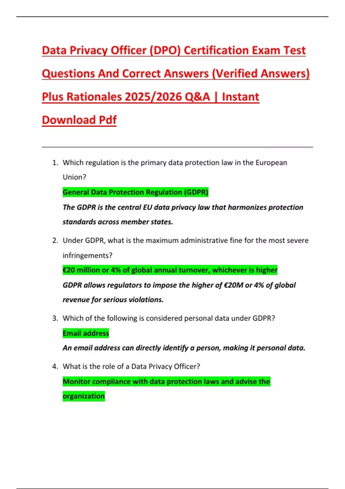 Data Privacy Officer (DPO) Certification Exam Test Questions And ...