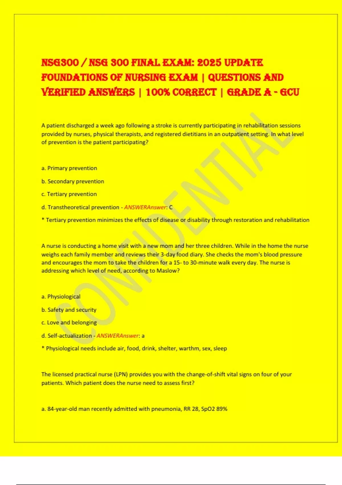NSG300 / NSG 300 Final Exam: 2025 Update Foundations of Nursing Exam ...