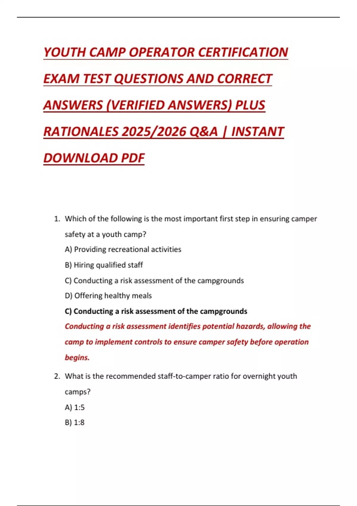 YOUTH CAMP OPERATOR CERTIFICATION EXAM TEST QUESTIONS AND CORRECT ...