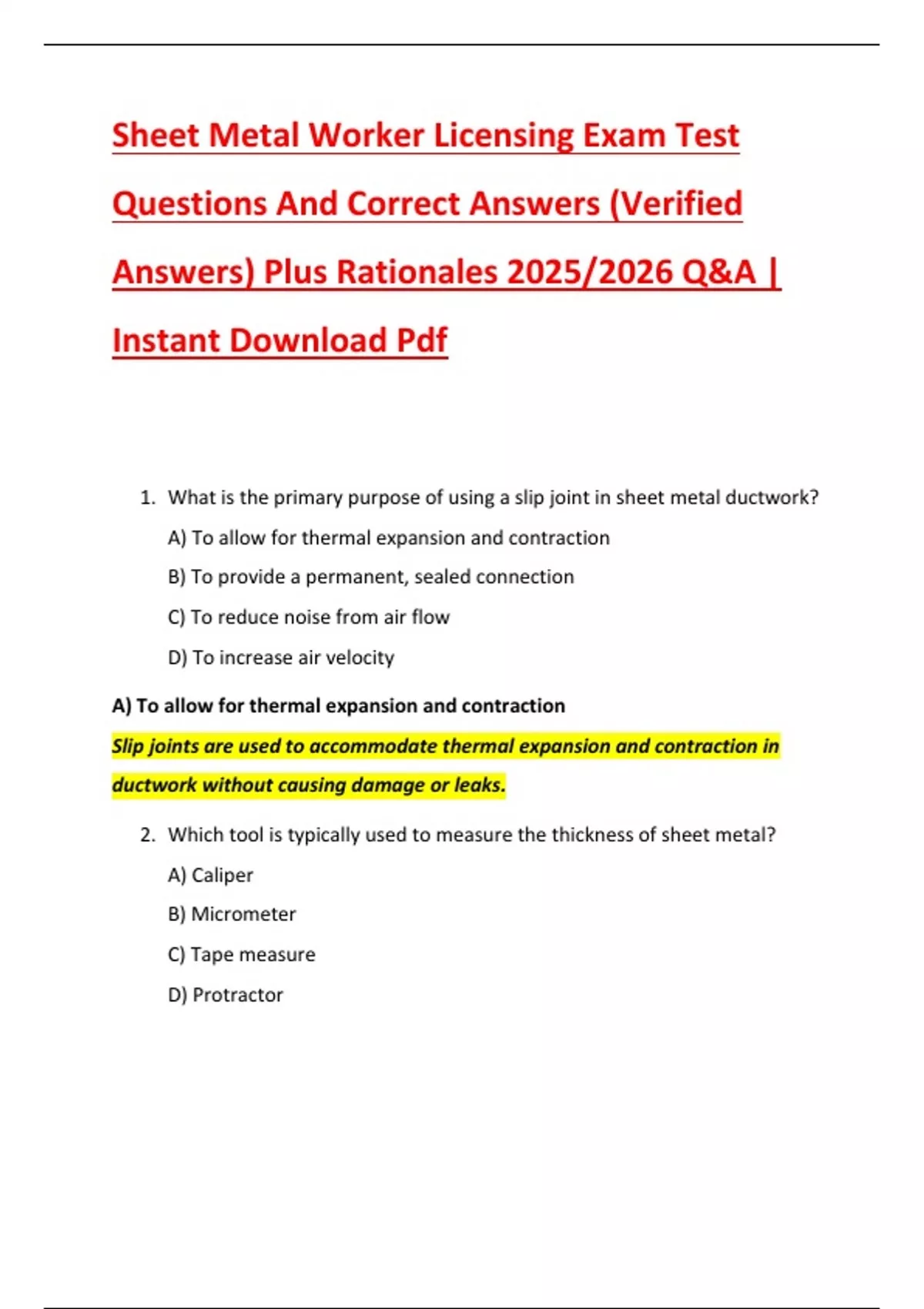 Sheet Metal Math Test Sheet Metal Worker Licensing Exam Test Questions And Correct Answers ...